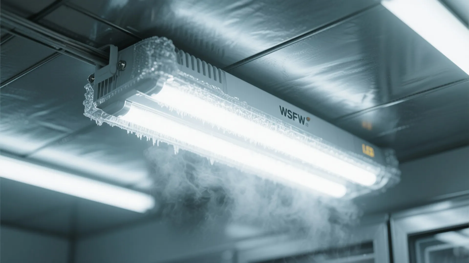 Cold-rated commercial LED light fixture inside freezer room