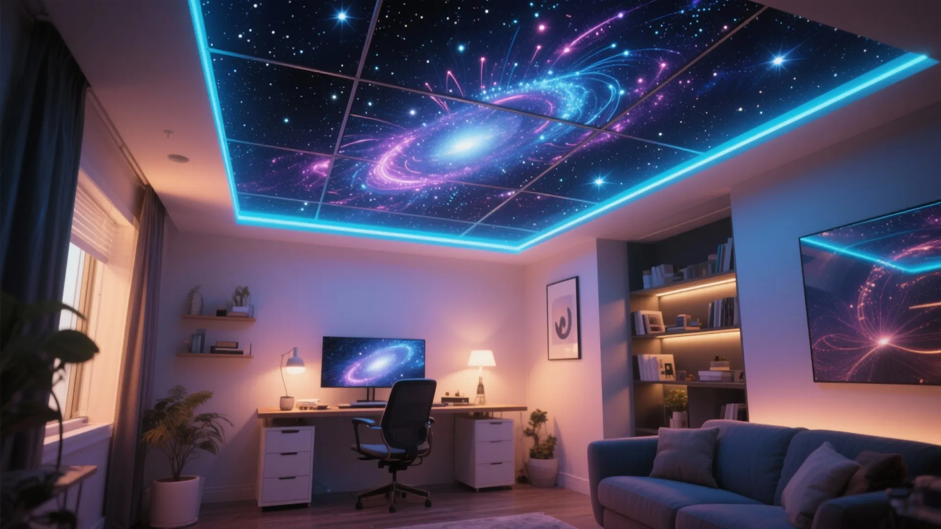 Home office with blue sofa and ceiling light panels displaying a purple galaxy space scene
