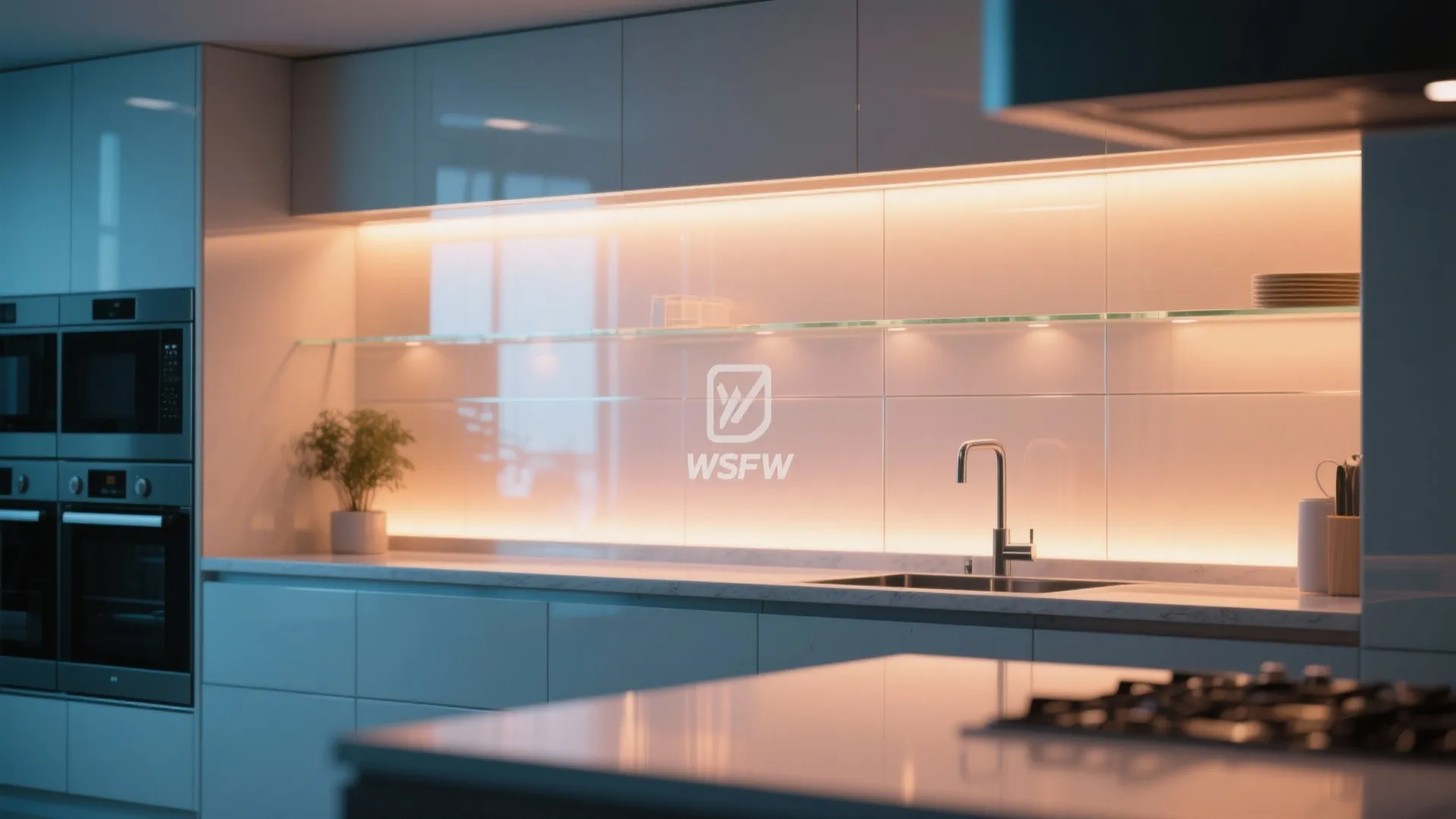Sleek modern kitchen with blue cabinets glowing warm light behind glass wall and built in oven