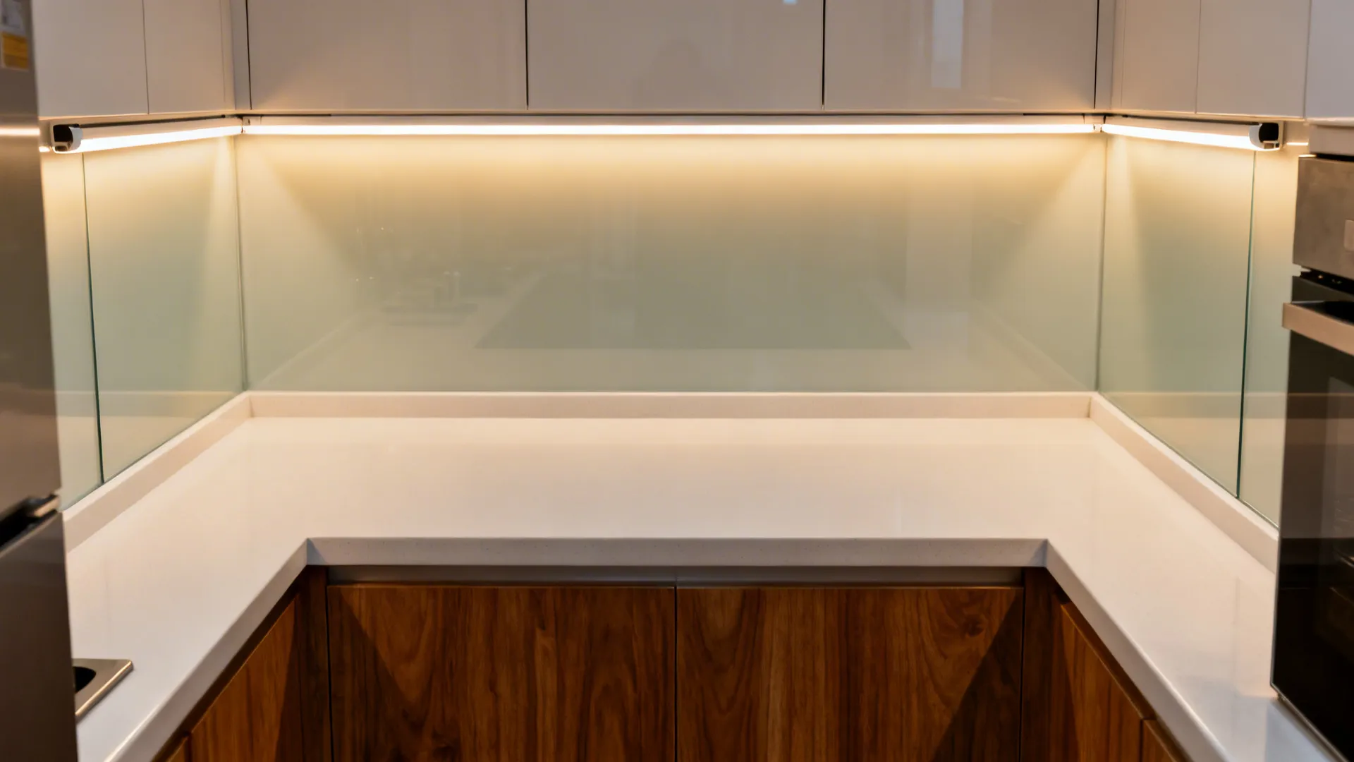Under-cabinet warm LED strips grazing a satin back painted glass backsplash with a neat shadow gap.
