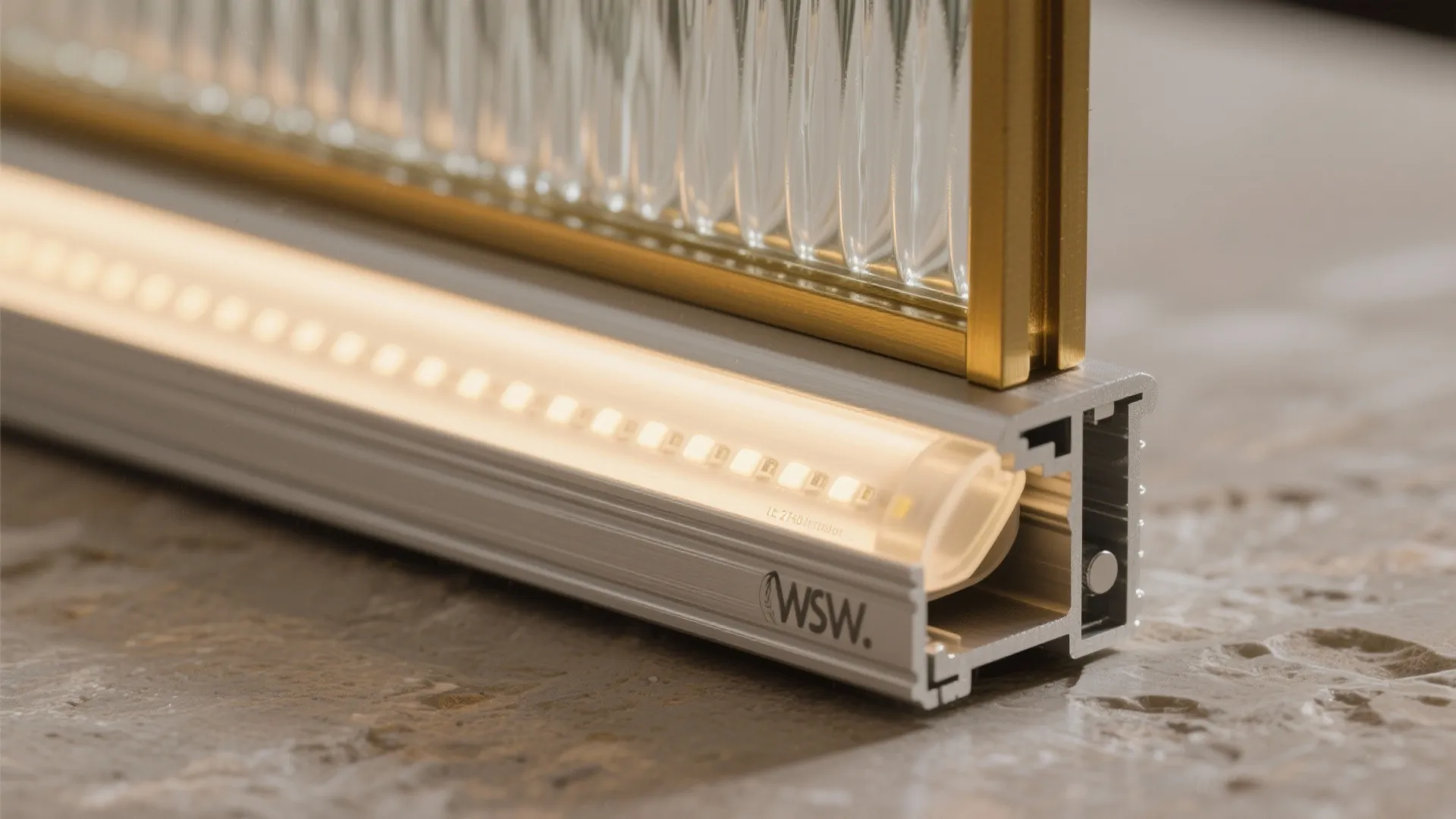 Macro of a warm LED strip inside a diffuser channel with fluted glass reflecting softly.