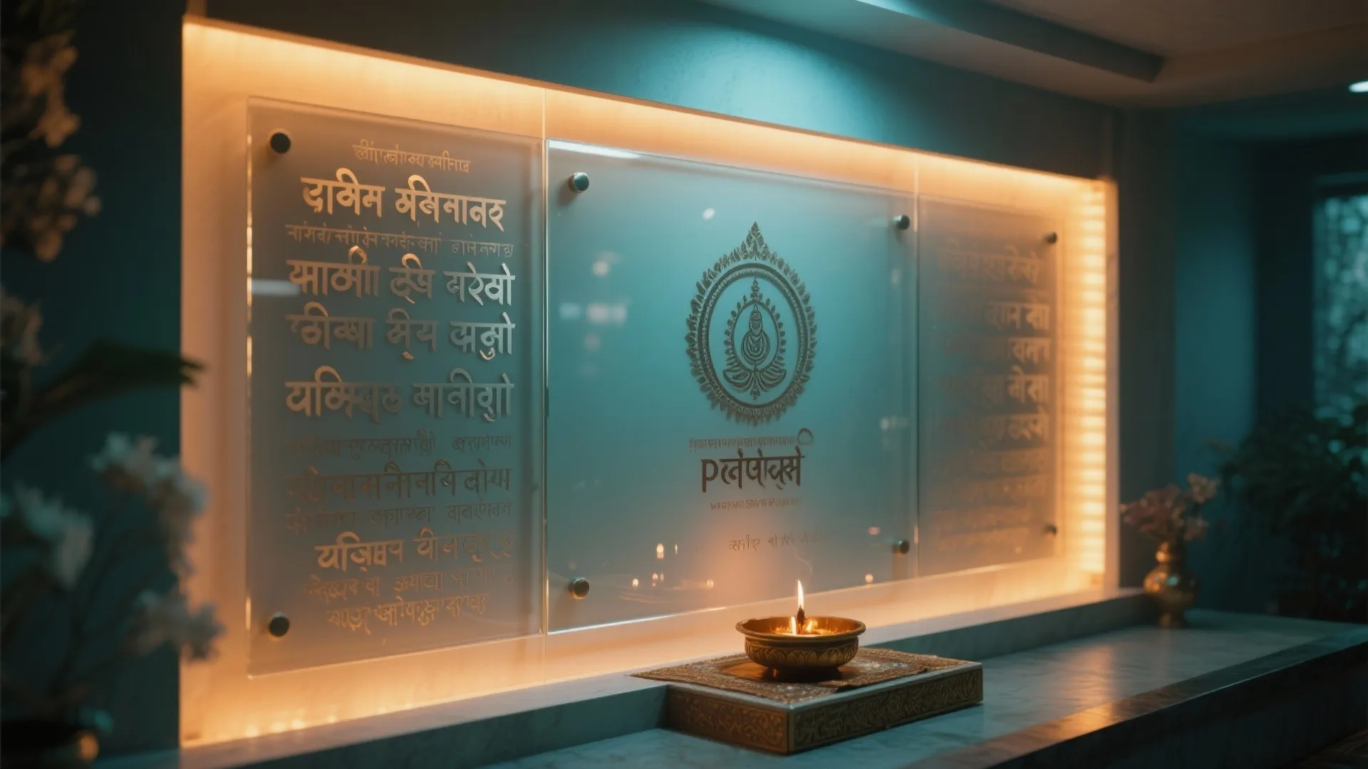 Modern prayer room wall featuring glass panels with traditional scripts illuminated by warm orange background lighting