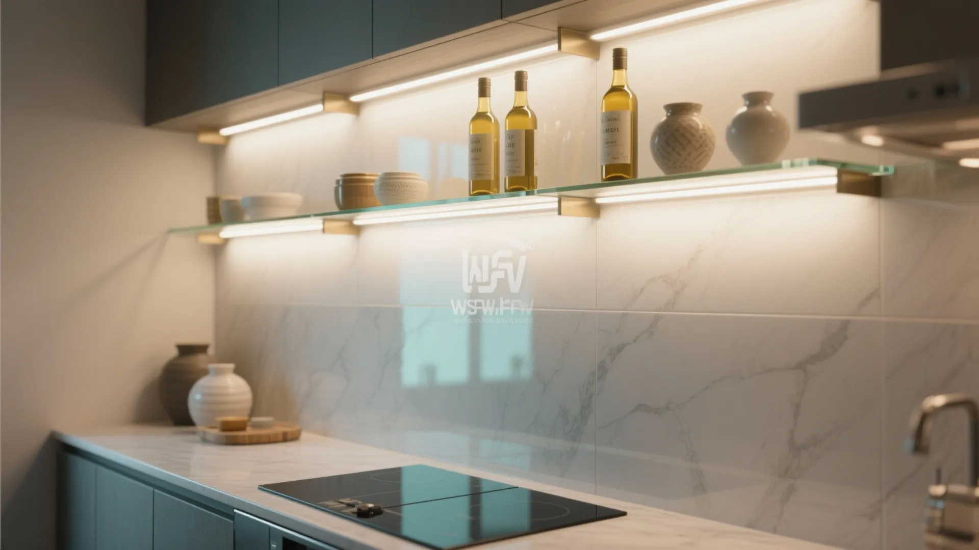 Modern kitchen with marble wall and glass shelves with built in lights and glass bottles