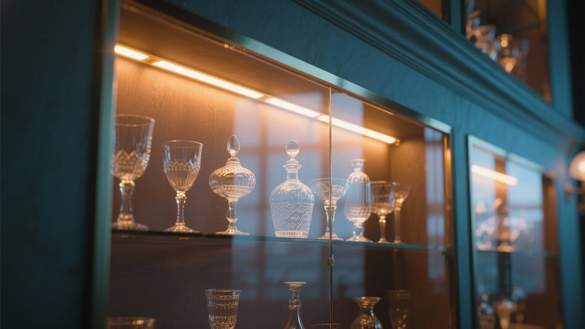 Glass cabinet with light fixture inside showing crystal drinking glasses and bottles on clear shelves