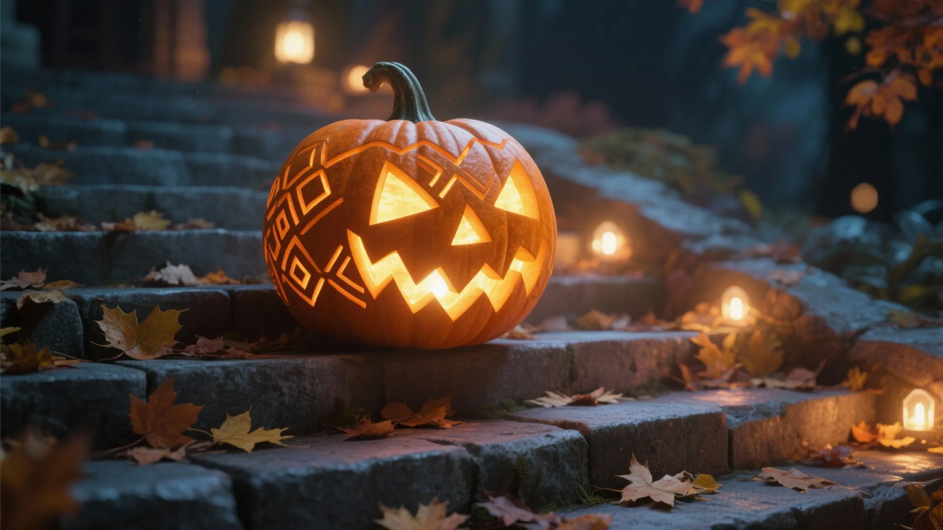 Pumpkin glowing with warm LED light through geometric cutouts