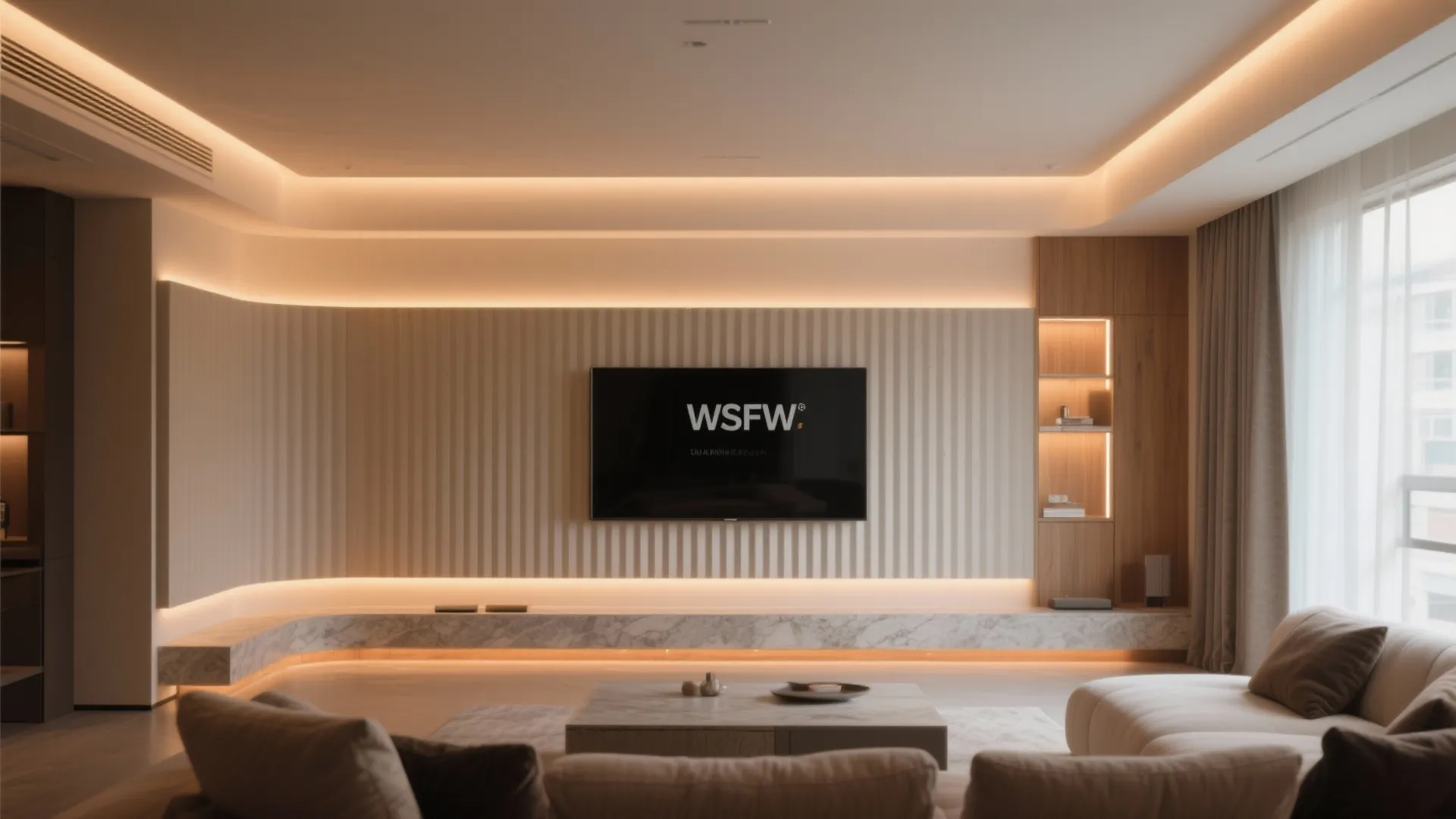 Living room with warm hidden light strips on ceiling and textured wall behind a television