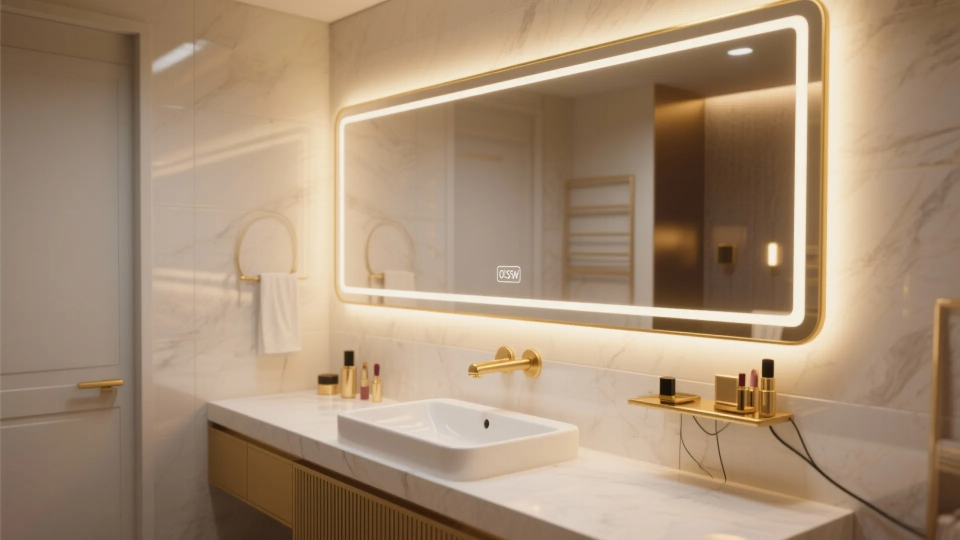 5. Integrated LED mirror and gold trim for modern glamour