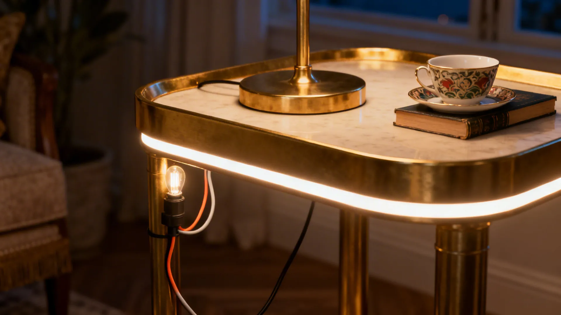 Gold-accented side table with integrated LED lighting creating warm ambient glow and task light.