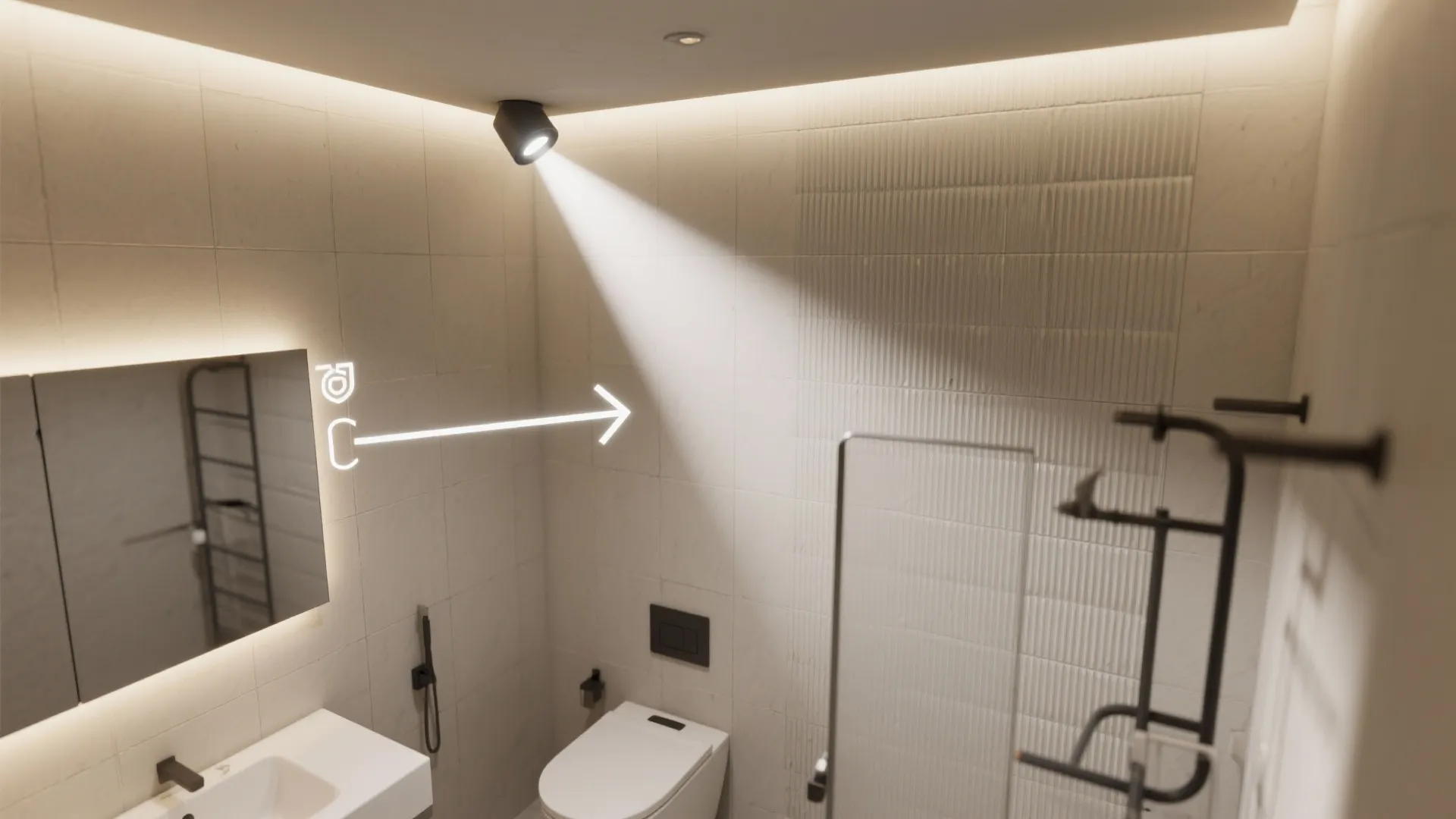 Top-down view showing LED wall washer placement to graze a ribbed tile wall.