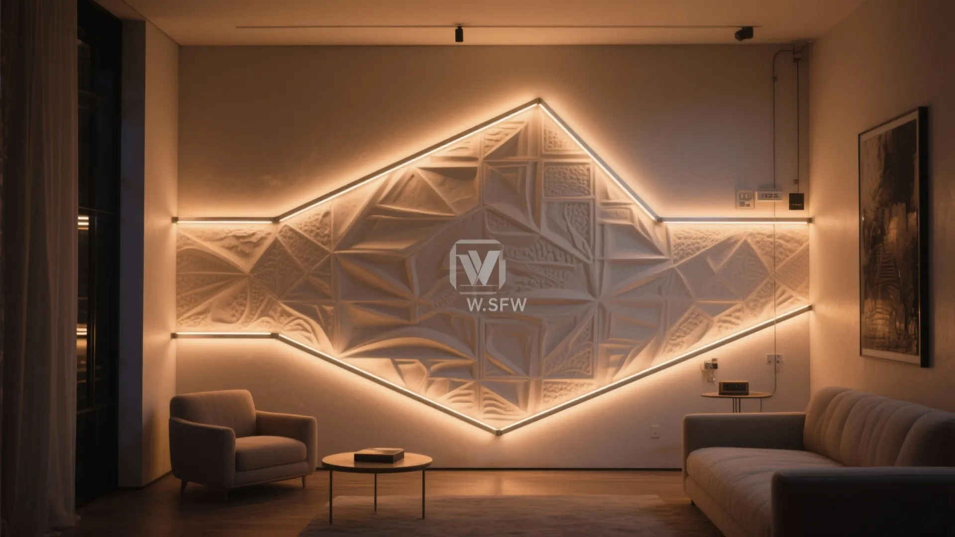 LED-washed 3D wall reliefs for day-to-night drama