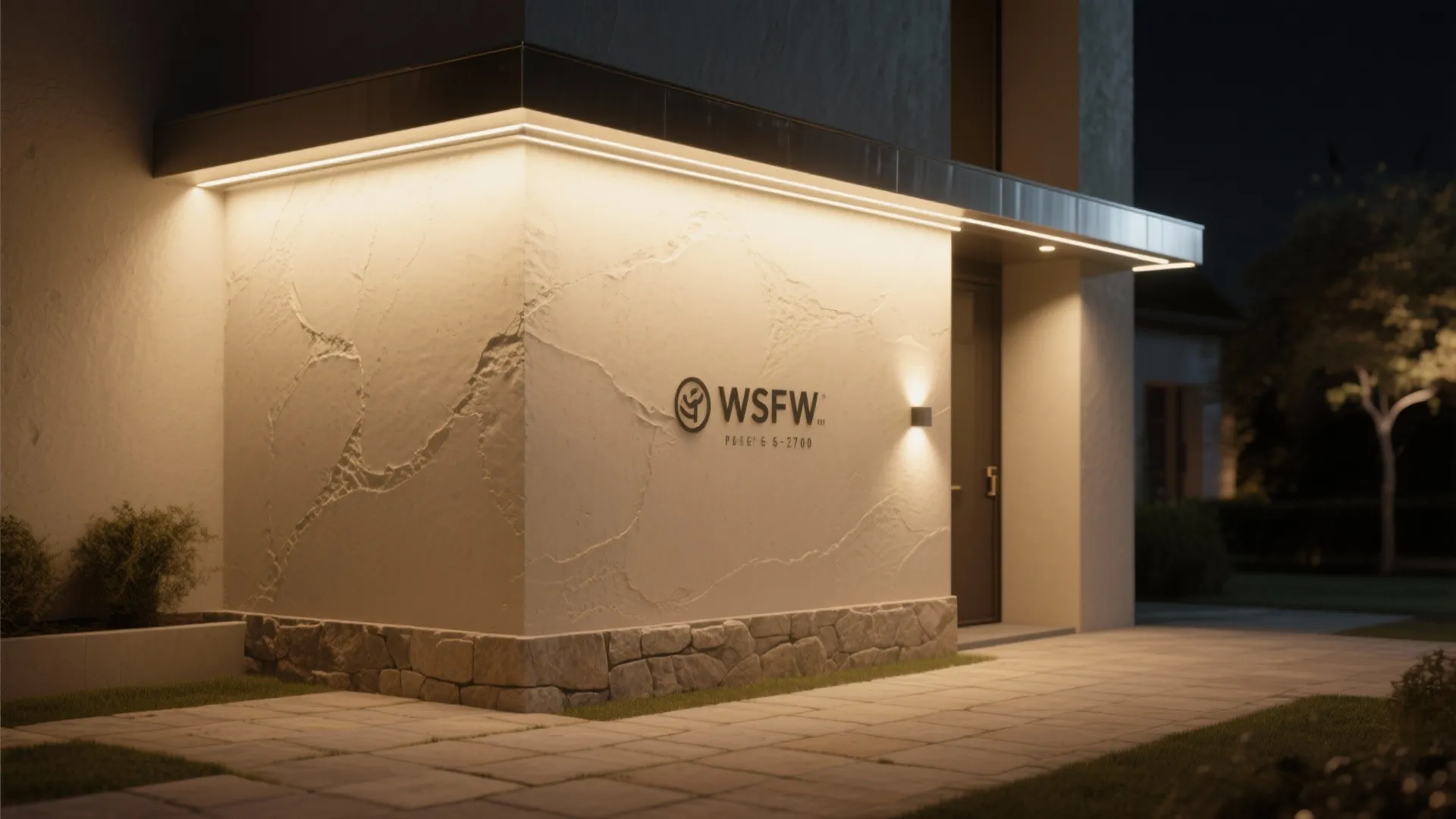 Exterior stone wall with bright light fixture above and logo under a dark night sky