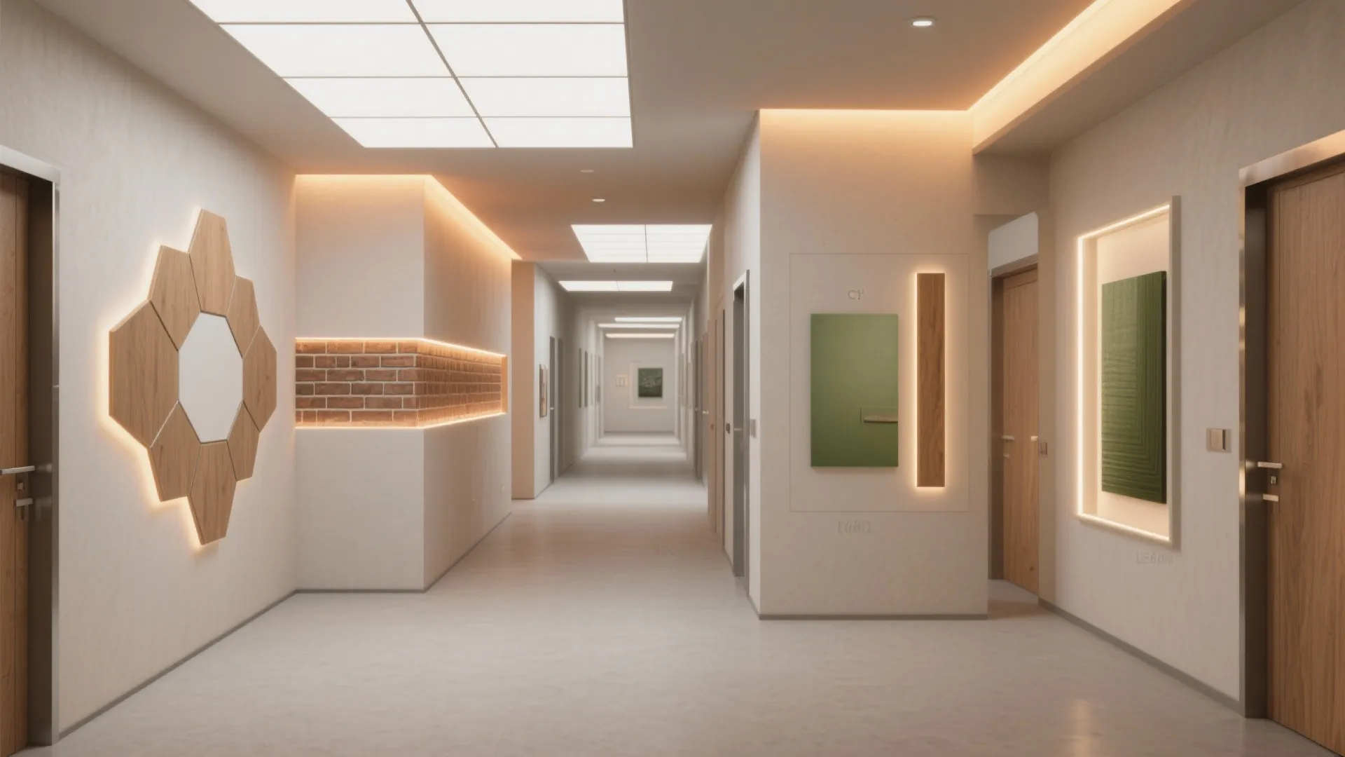 Modern hallway with wall panel decorations plus ceiling light panels and warm hidden light strips