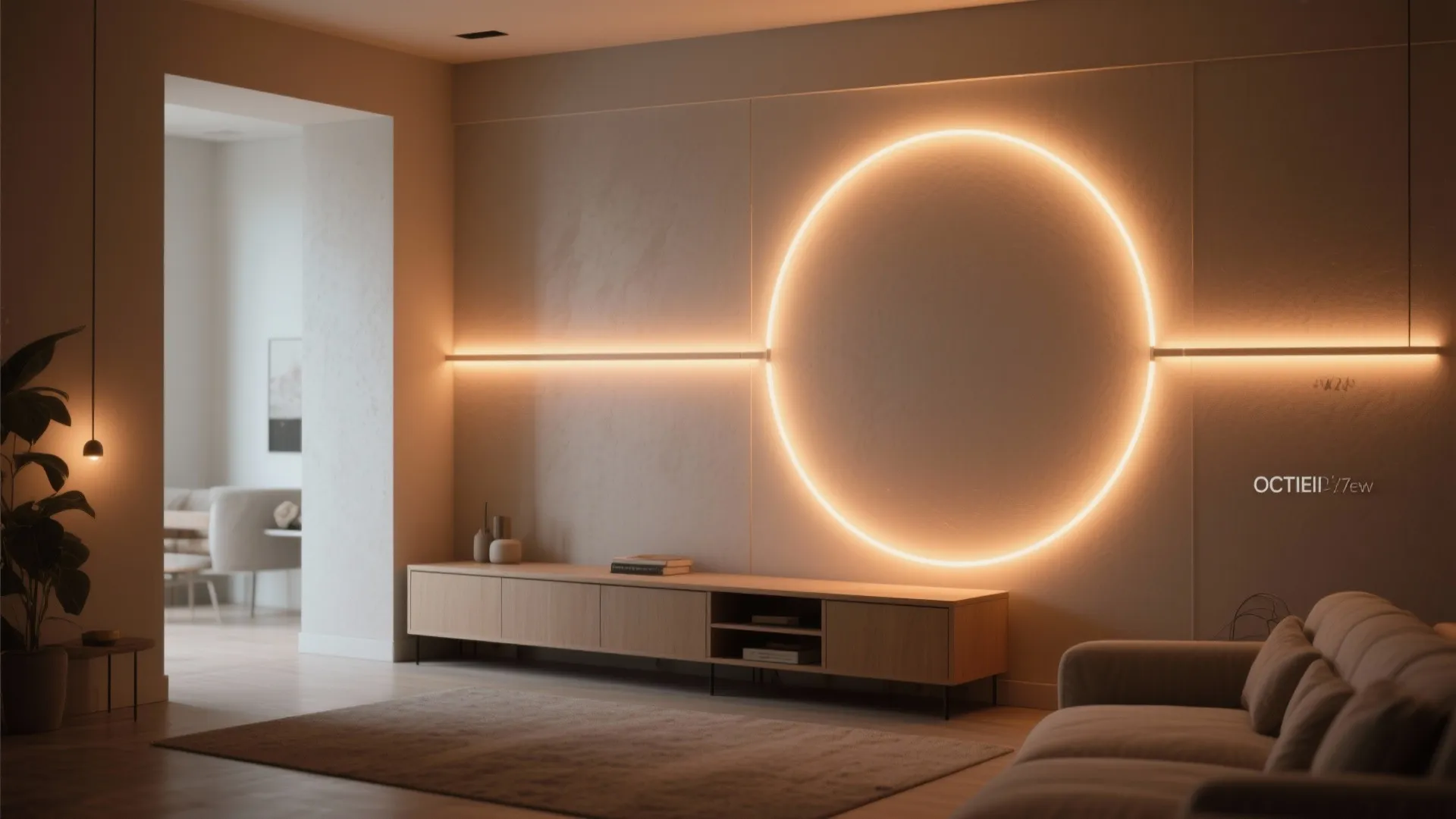 Modern living room with a glowing circular wall light above a long wooden storage cabinet