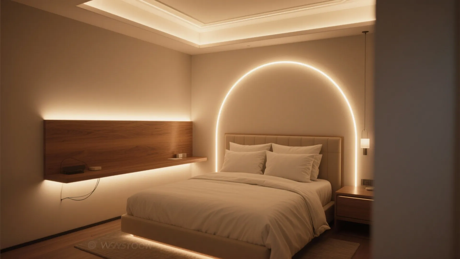 Bedroom with hidden warm LED strips behind the headboard and along moldings creating a halo glow.