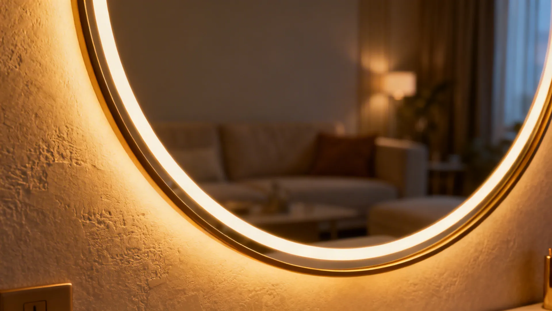 Mirror with integrated warm halo LED lighting creating cozy ambient light behind it.