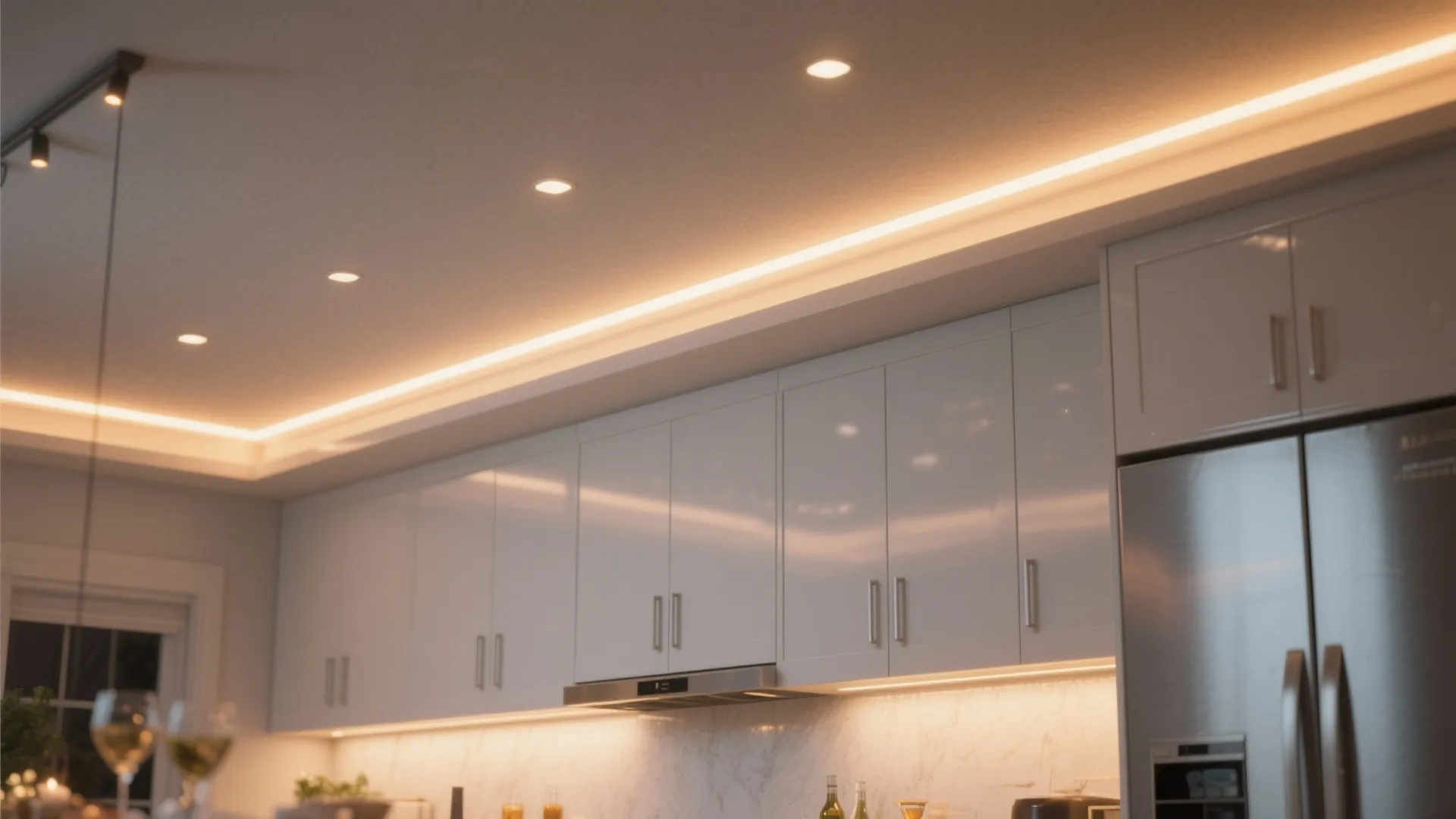 Bright kitchen interior featuring white ceiling lights and warm light strip above modern white cabinets