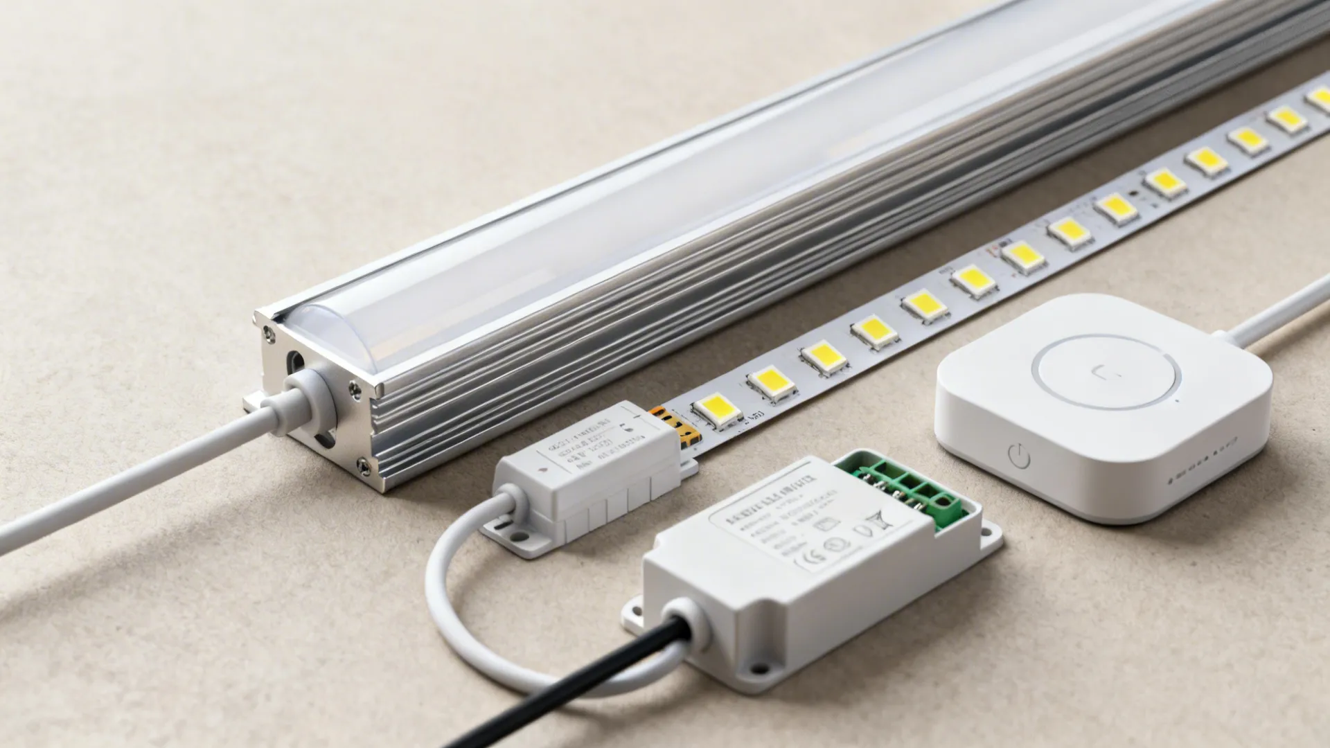 LED strips, aluminum diffuser channel, driver and smart hub arranged to illustrate compatibility and installation tips.