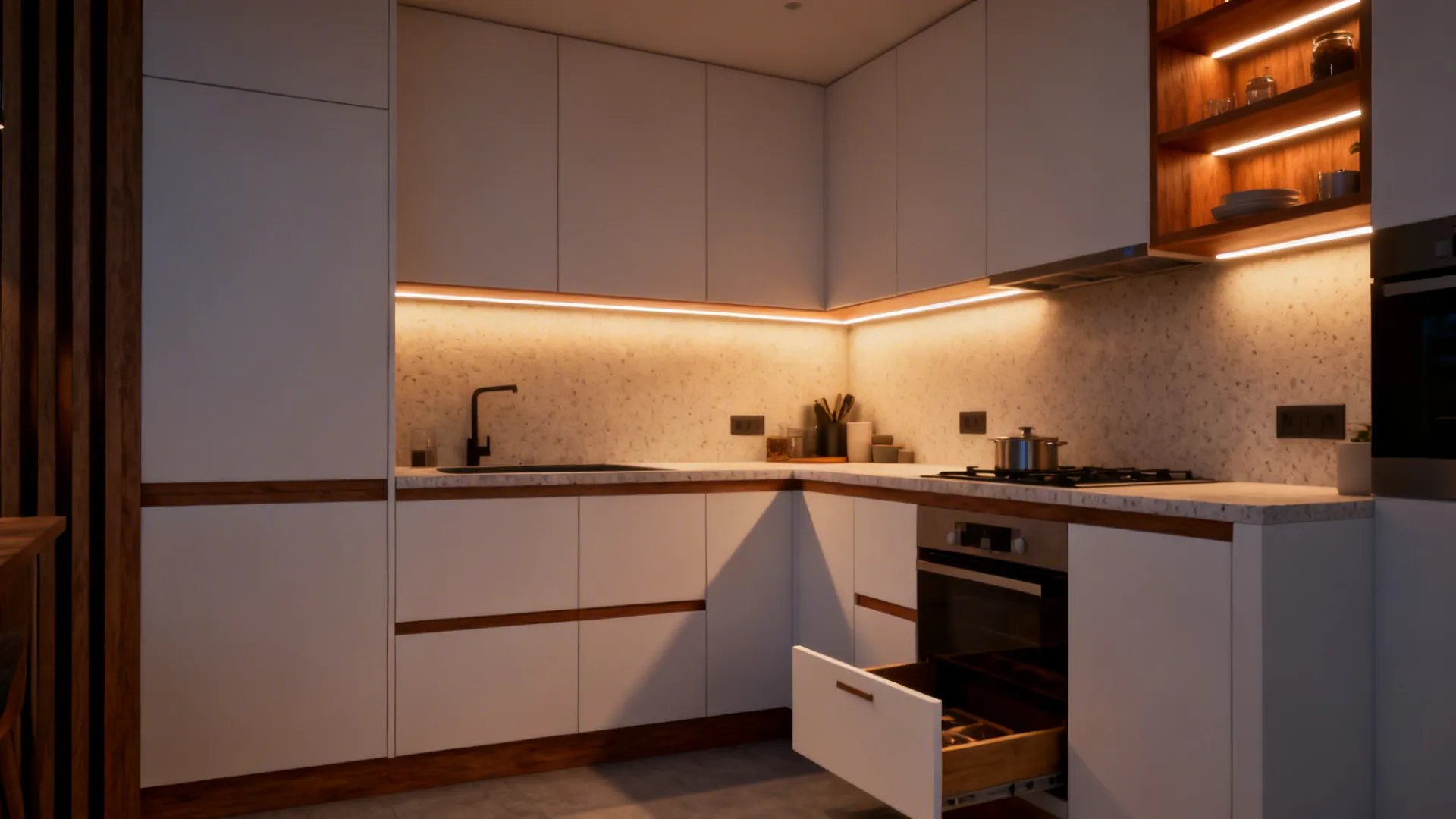 Compact kitchen with warm under-cabinet LED lighting and smooth hardware action.