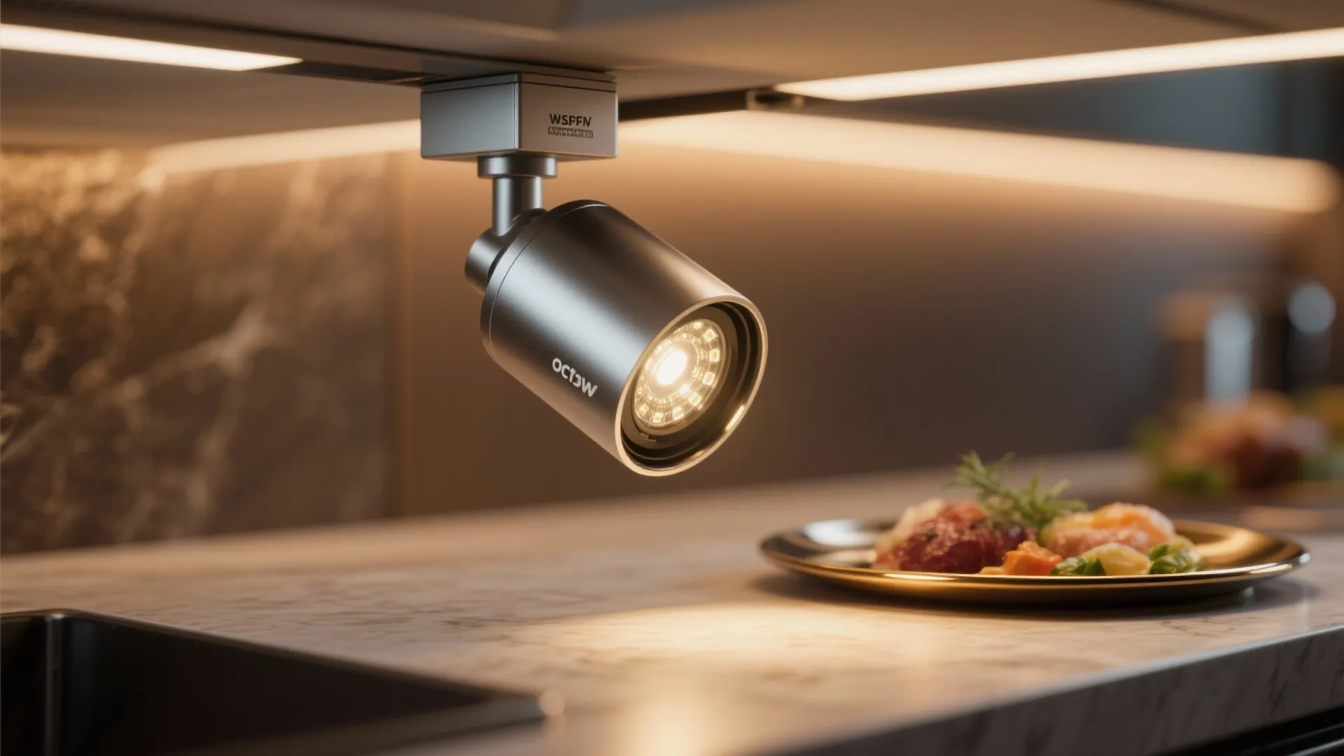 Silver adjustable light fixture shining bright light on a marble kitchen counter with food dish