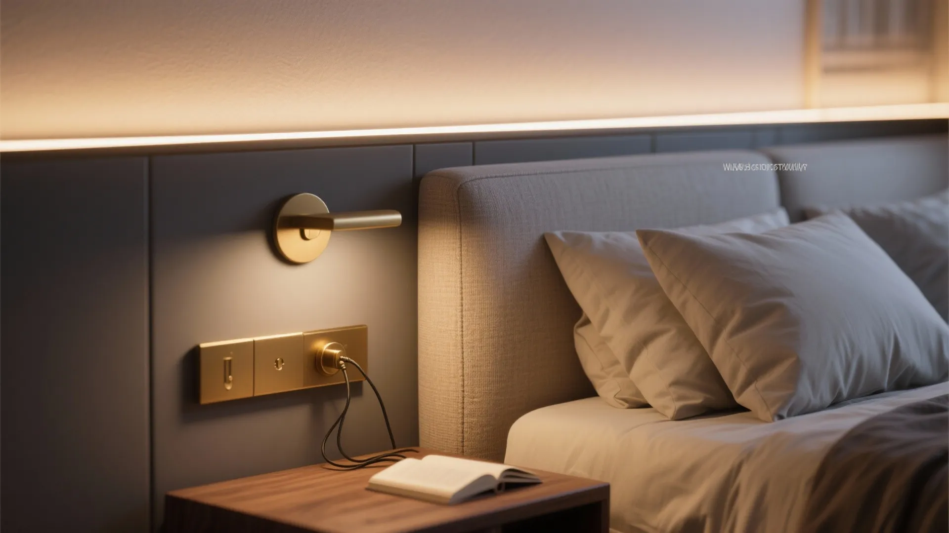Macro of a linen headboard with a hidden warm LED strip, a discreet reading sconce, and tidy cable routing on an oak shelf.