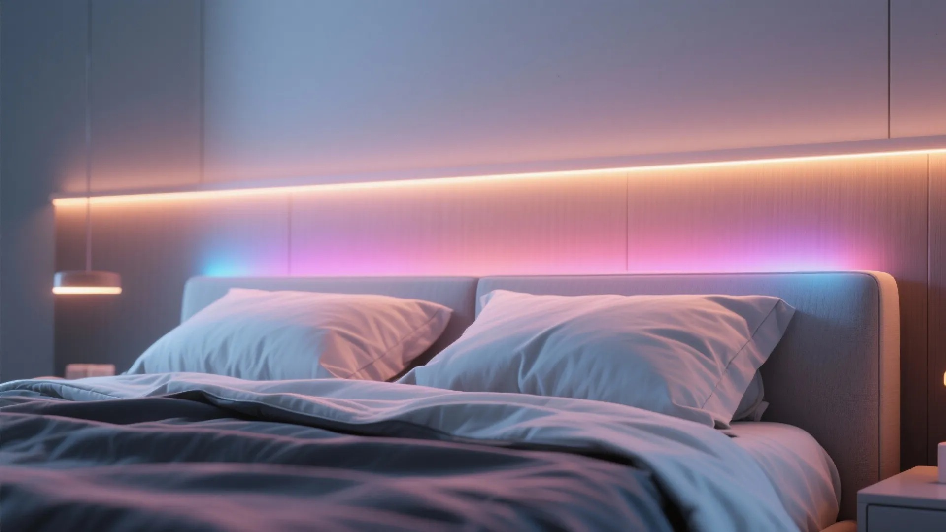 Bed with soft LED halo lighting behind headboard