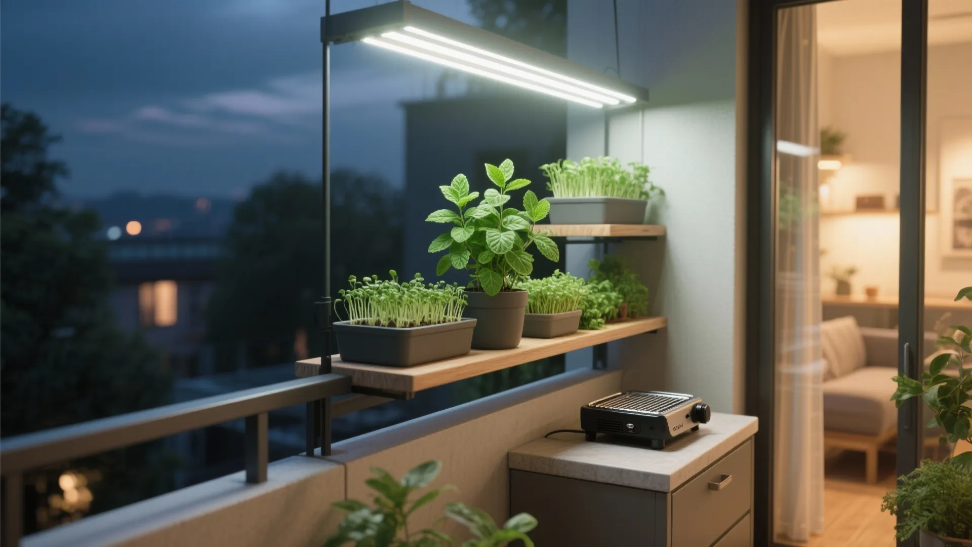 Balcony shelves with herbs and microgreens lit by an LED grow strip near a compact grill.