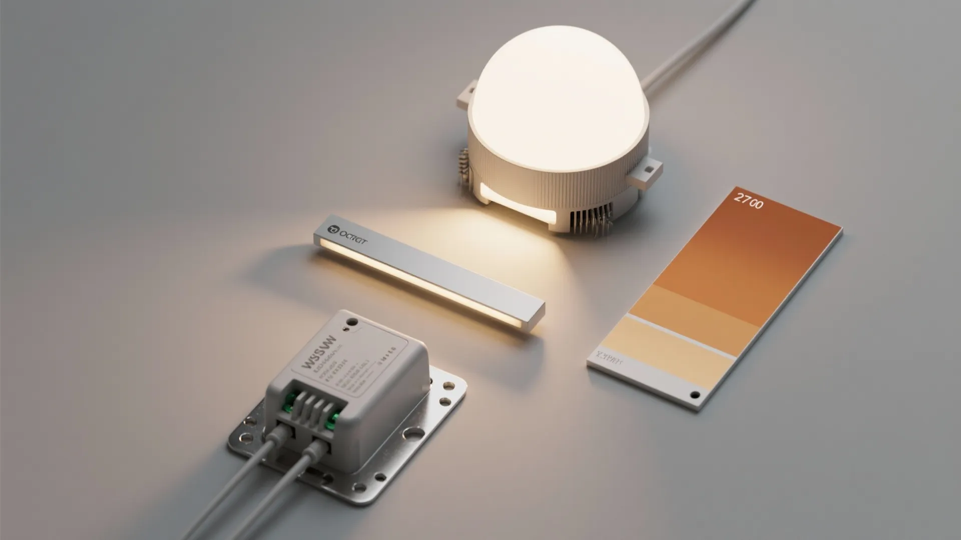 Flatlay of components for an integrated LED globe fixture with warm light swatch