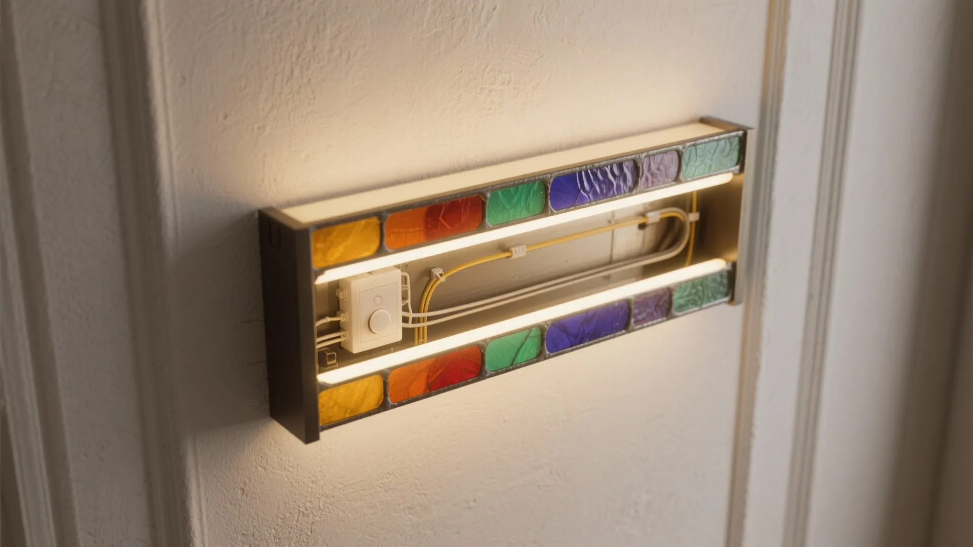 Modern rectangular wall light with colorful glass panels and integrated glowing light strips on white wall