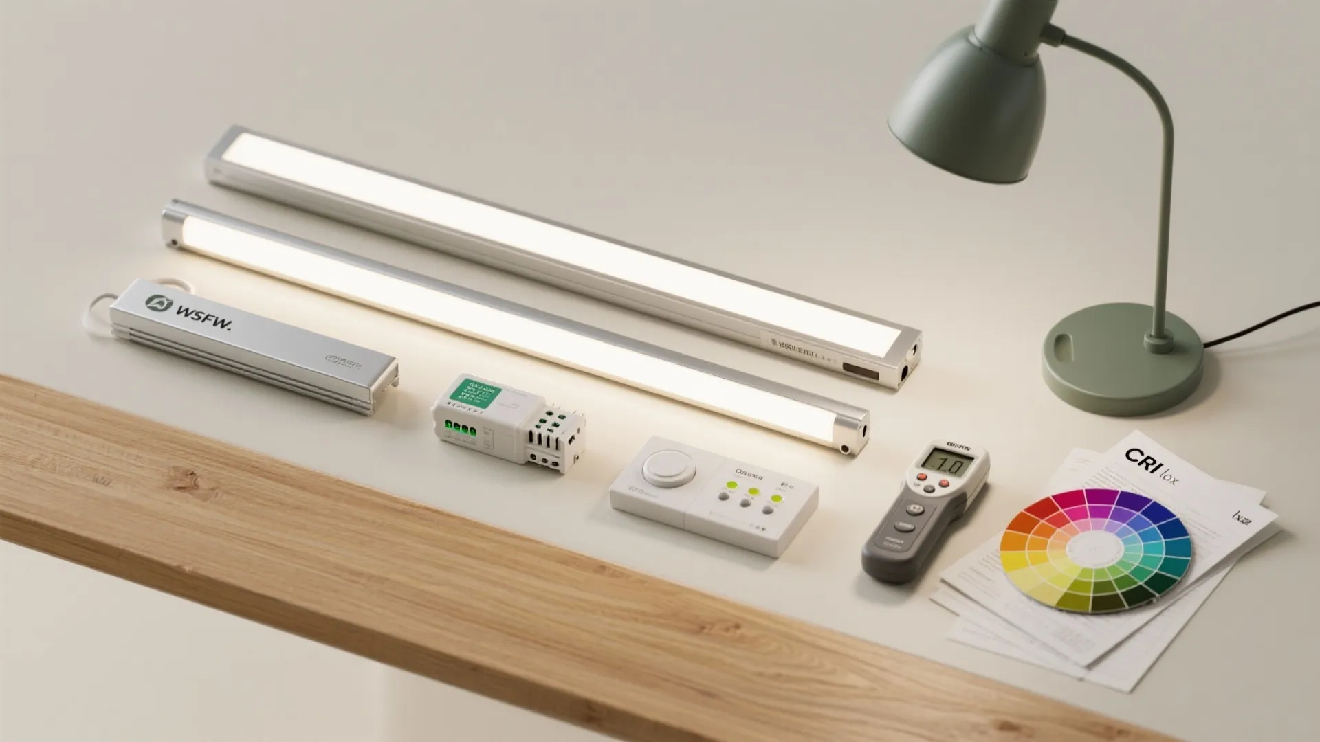 Lighting kit with two long light strips remote control color wheel and sensors on white desk