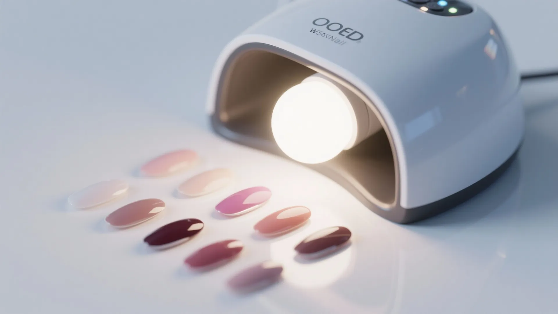 White nail lamp shining light on colorful artificial nail tips on a plain white table