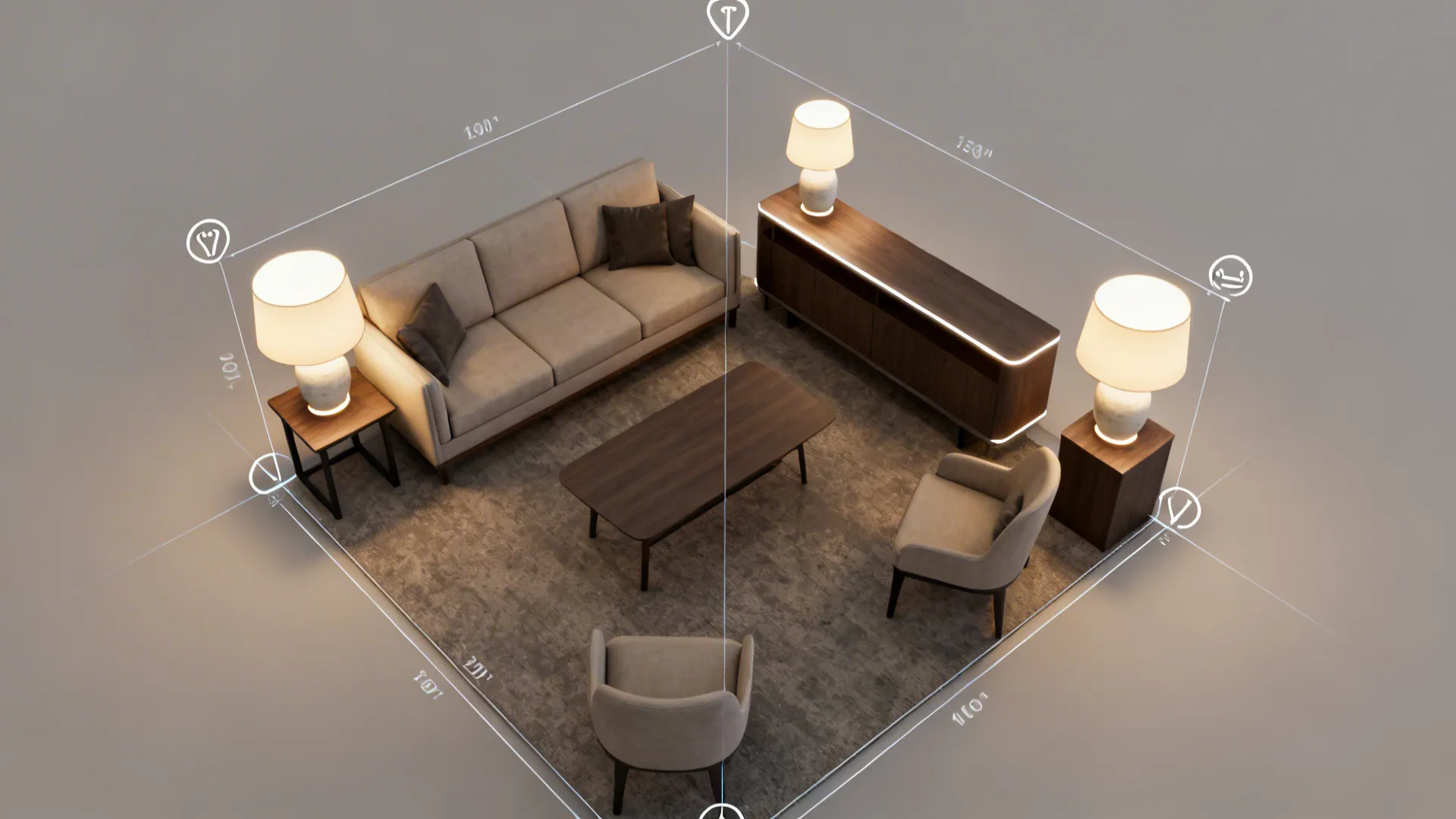 Top-down room planner view showing integrated LED ceramic lamp placement options in a small living room