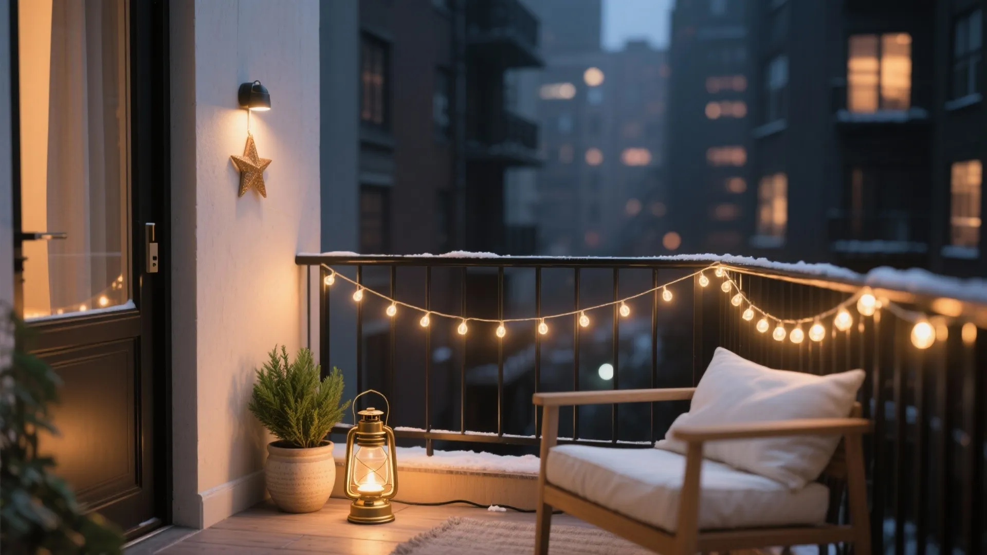 Warm LED string lights and a brass-finish lantern create a soft glow on a compact winter balcony.