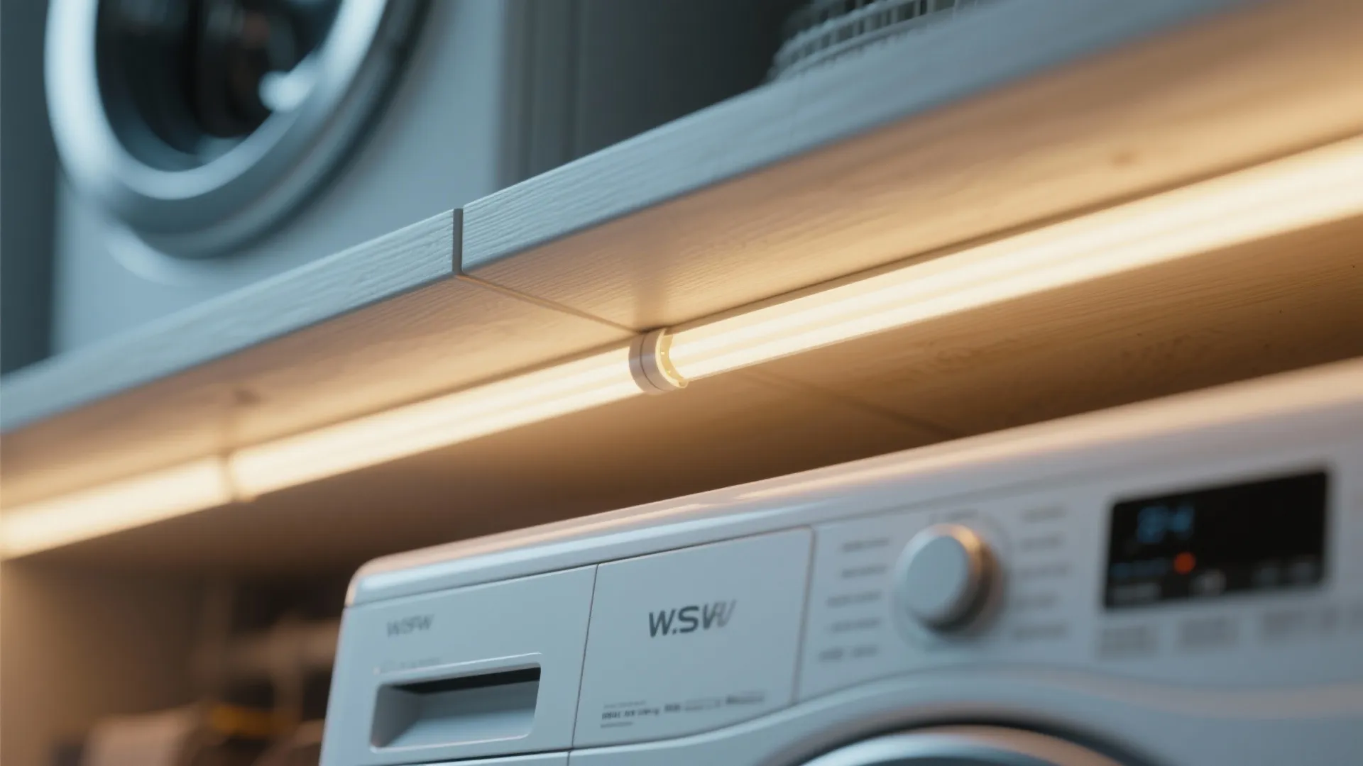 LED strip lighting under laundry shelf providing bright workspace