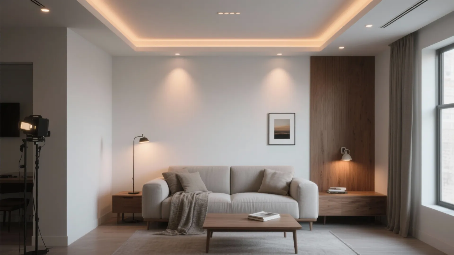 Minimalist living room with beige sofa wood coffee table wall light and recessed ceiling lighting