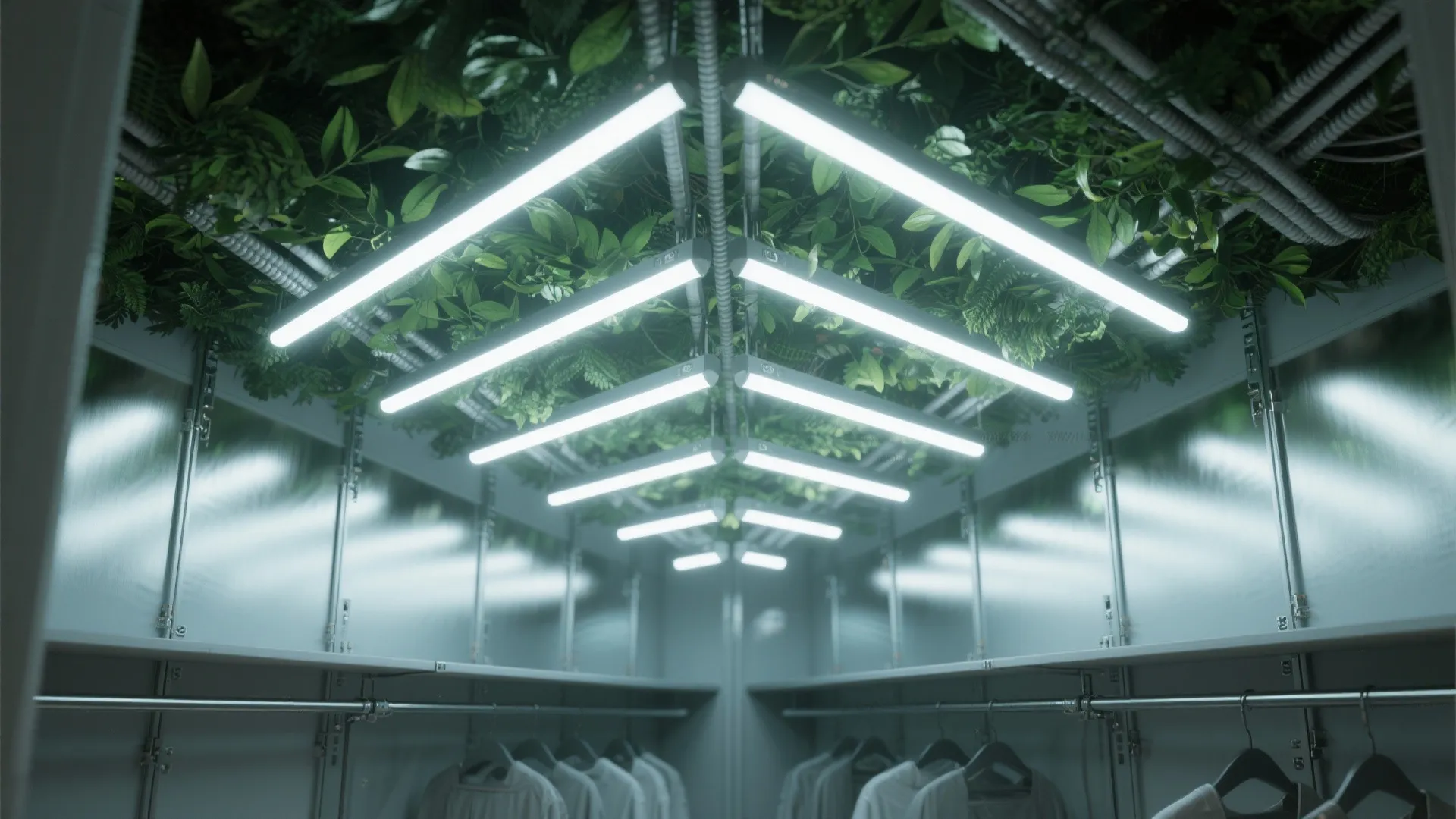 Modern closet with green plants on ceiling bright light fixtures white shirts on hangers and shelves