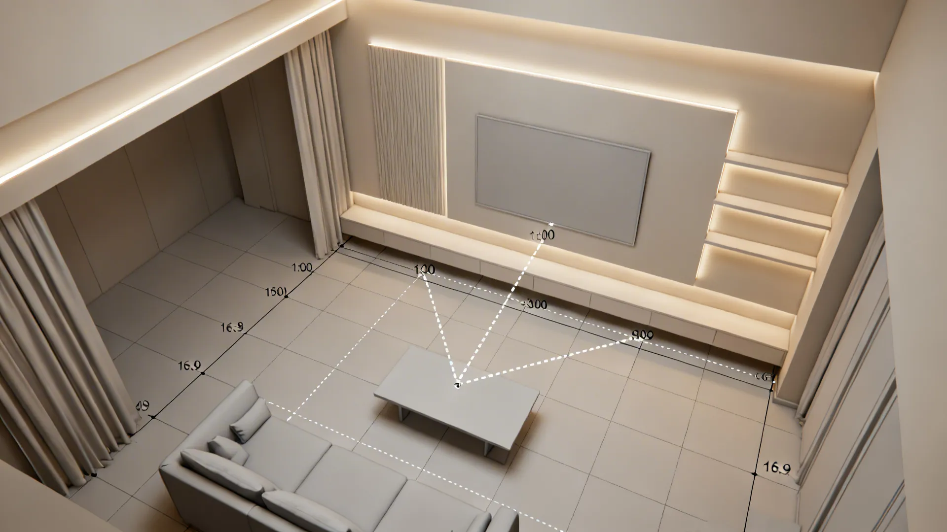 Top-down room planner mockup showing ambient, focal, and accent LED layers in a small living room.