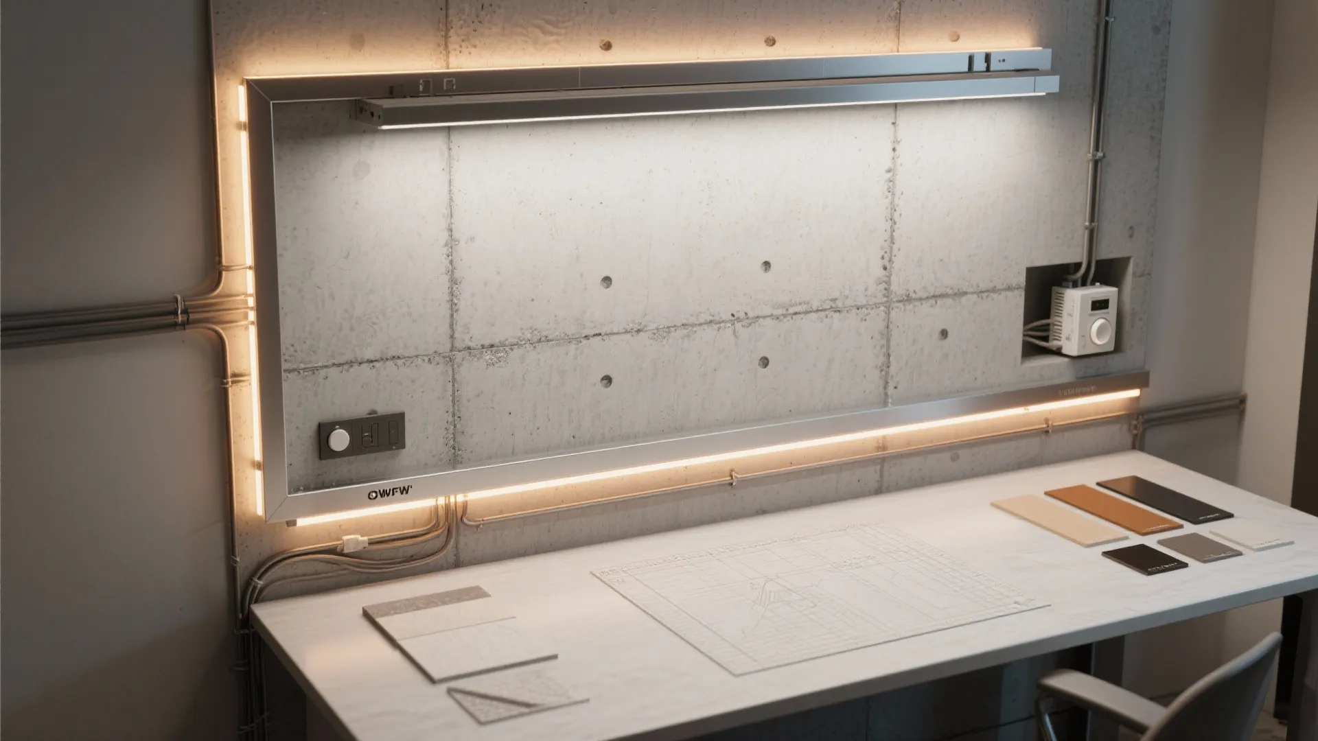 Modern workstation desk with concrete wall light fixture design drawings and several different material samples