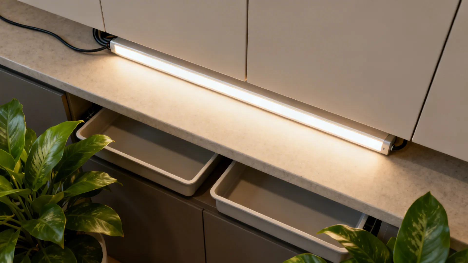 Top-down view of LED bar placement with two herb trays and tidy cable routing.