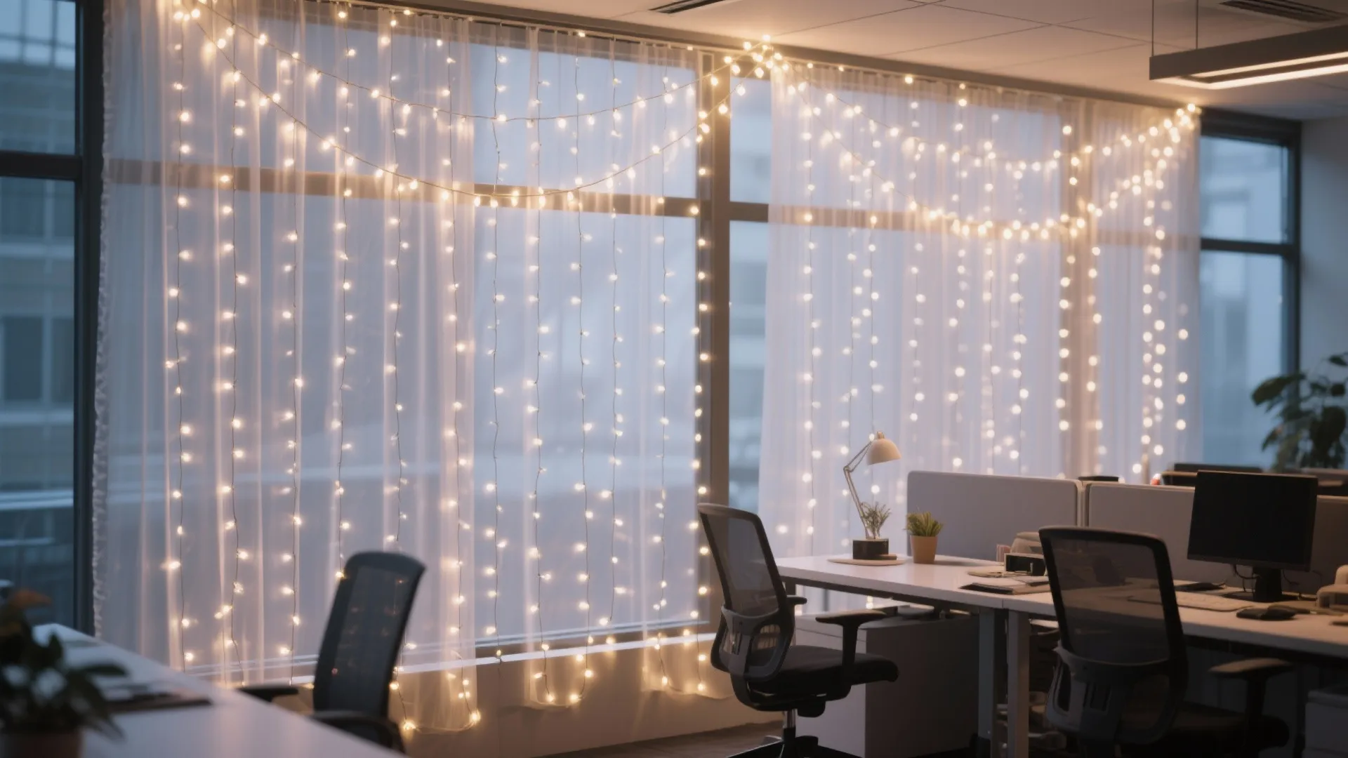 Modern office interior featuring white curtain windows decorated with warm glowing small string light fixtures