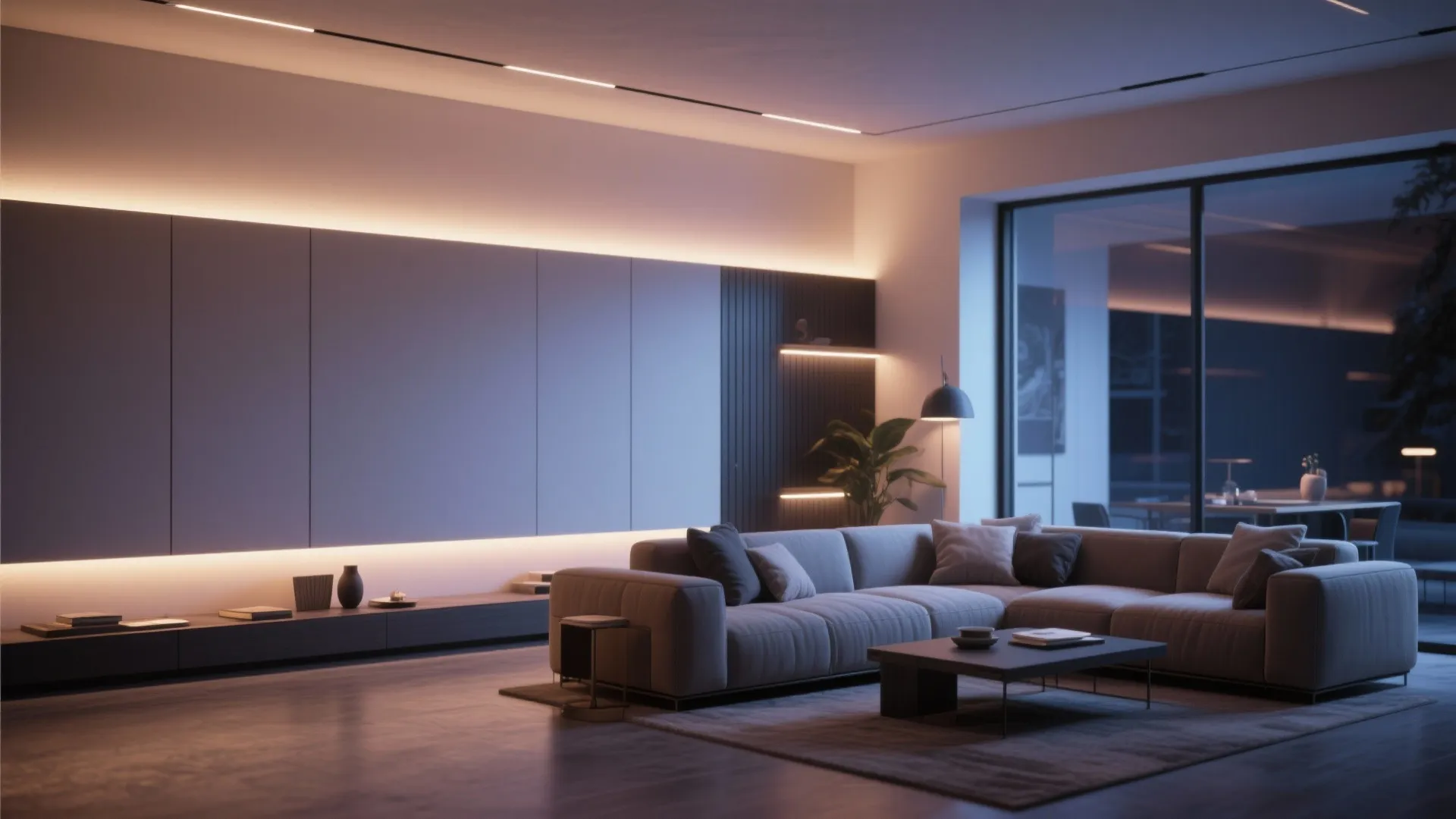 Modern living room with blue sofa and white wall panels featuring hidden warm led light strips