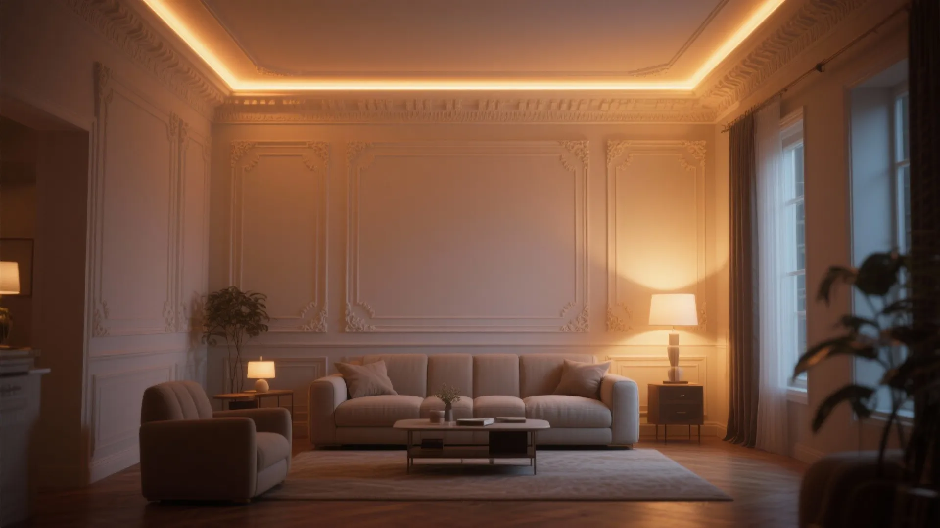 Living room with LED lighting integrated into crown molding
