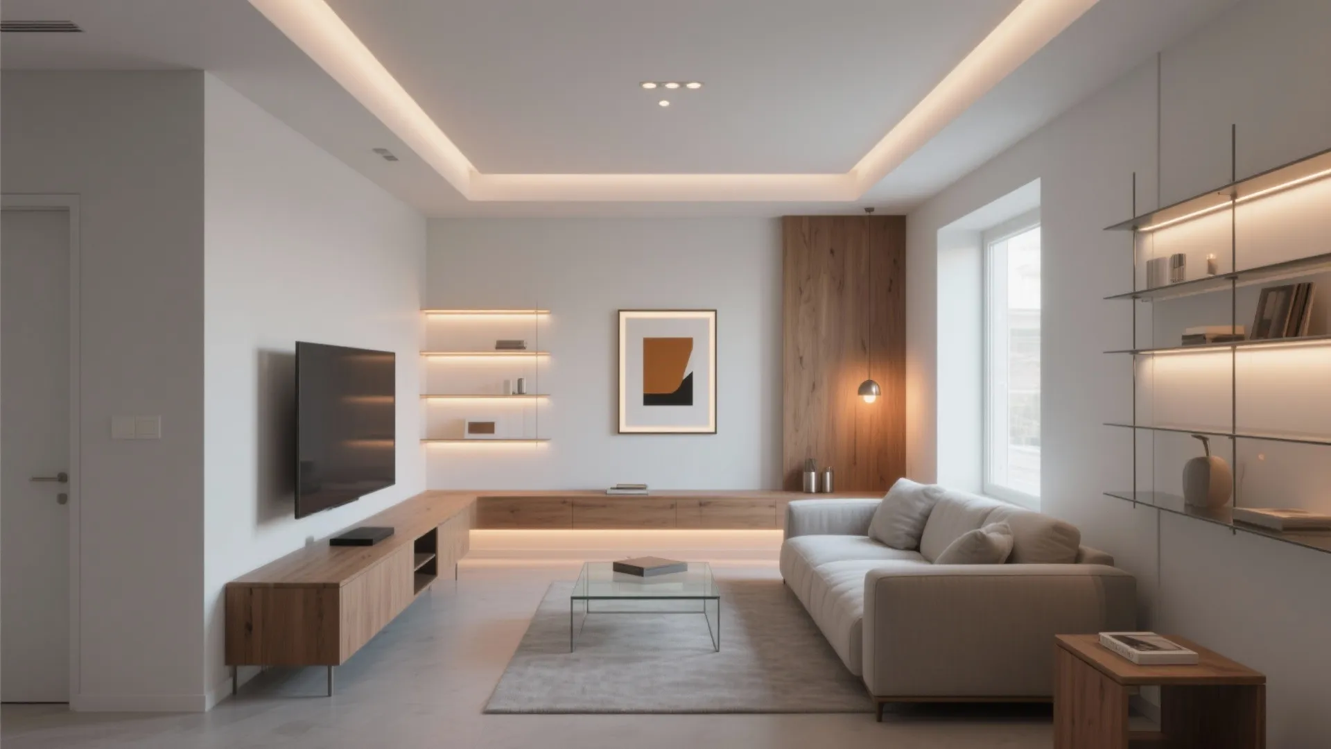 Modern living room featuring a white sofa grey rug wood cabinet and warm ceiling lights