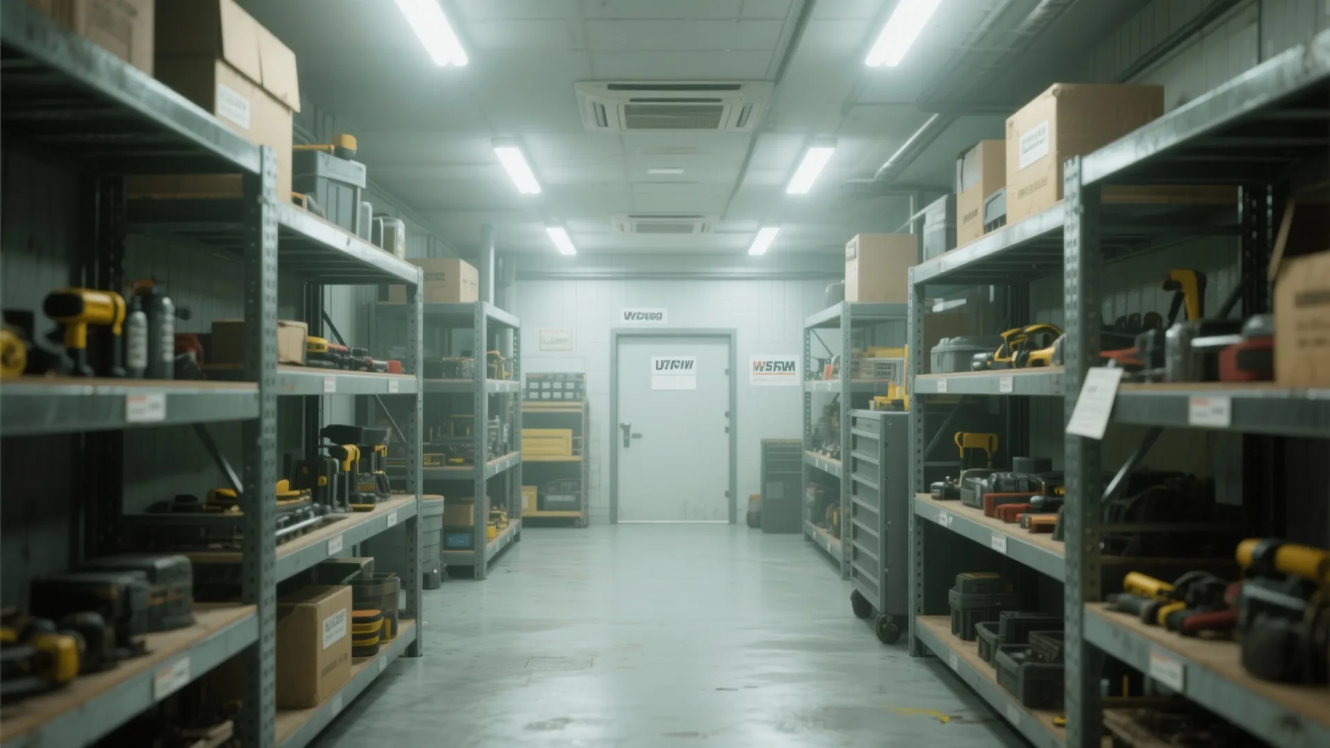 Brightly lit workshop with metal shelving units holding tools and equipment under white ceiling lights