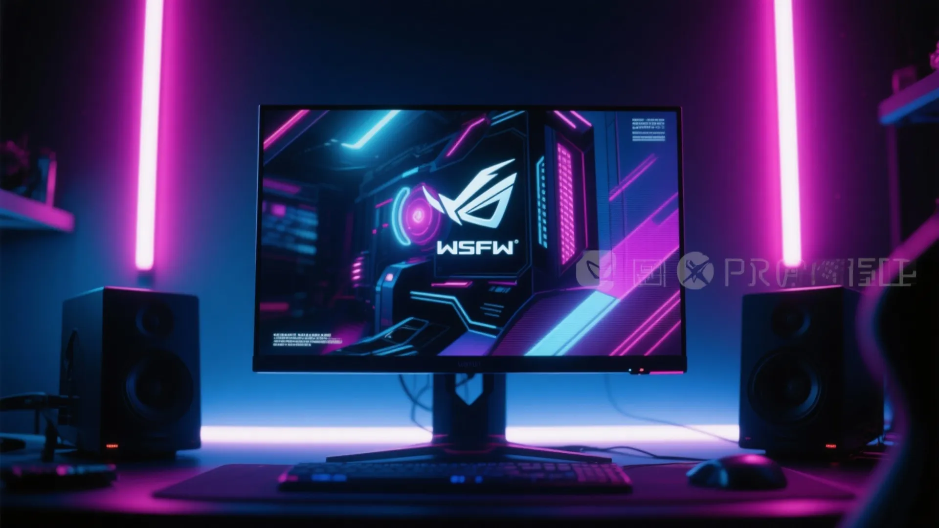 Close up of gaming monitor with pink purple light strips speakers keyboard and computer mouse