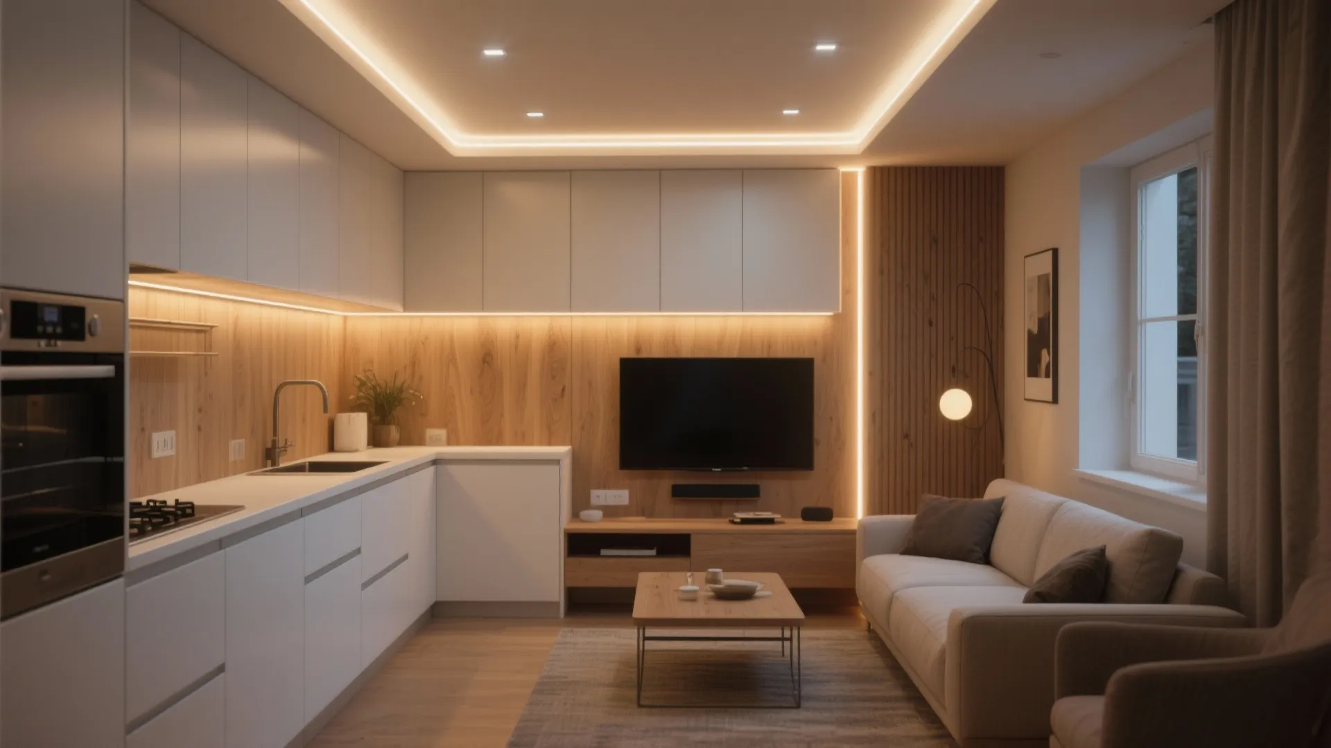 Modern open plan living room and kitchen featuring warm hidden lighting wood panels and sofa