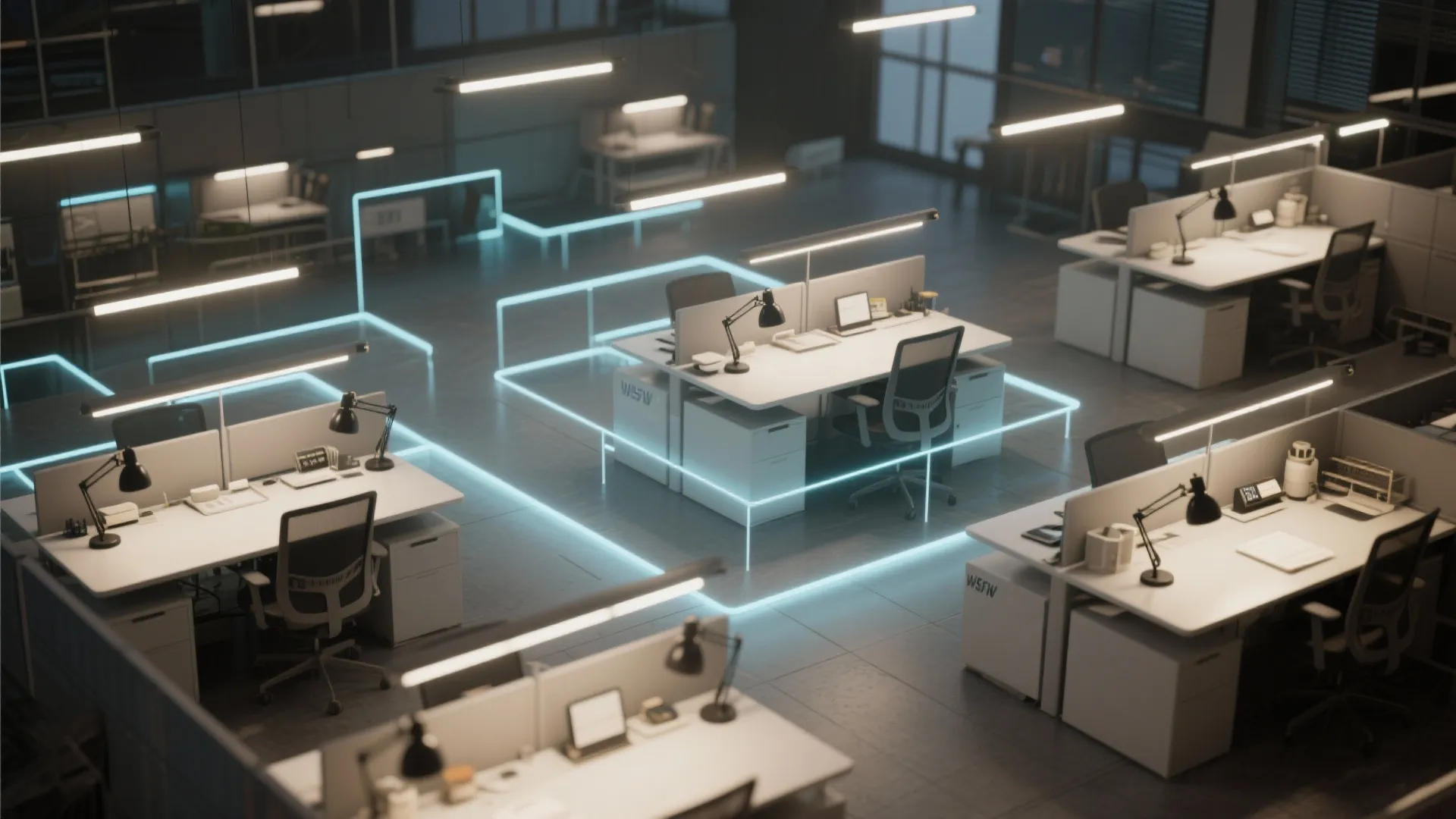 Modern office interior with white desks black chairs desk lamps and bright blue neon lights