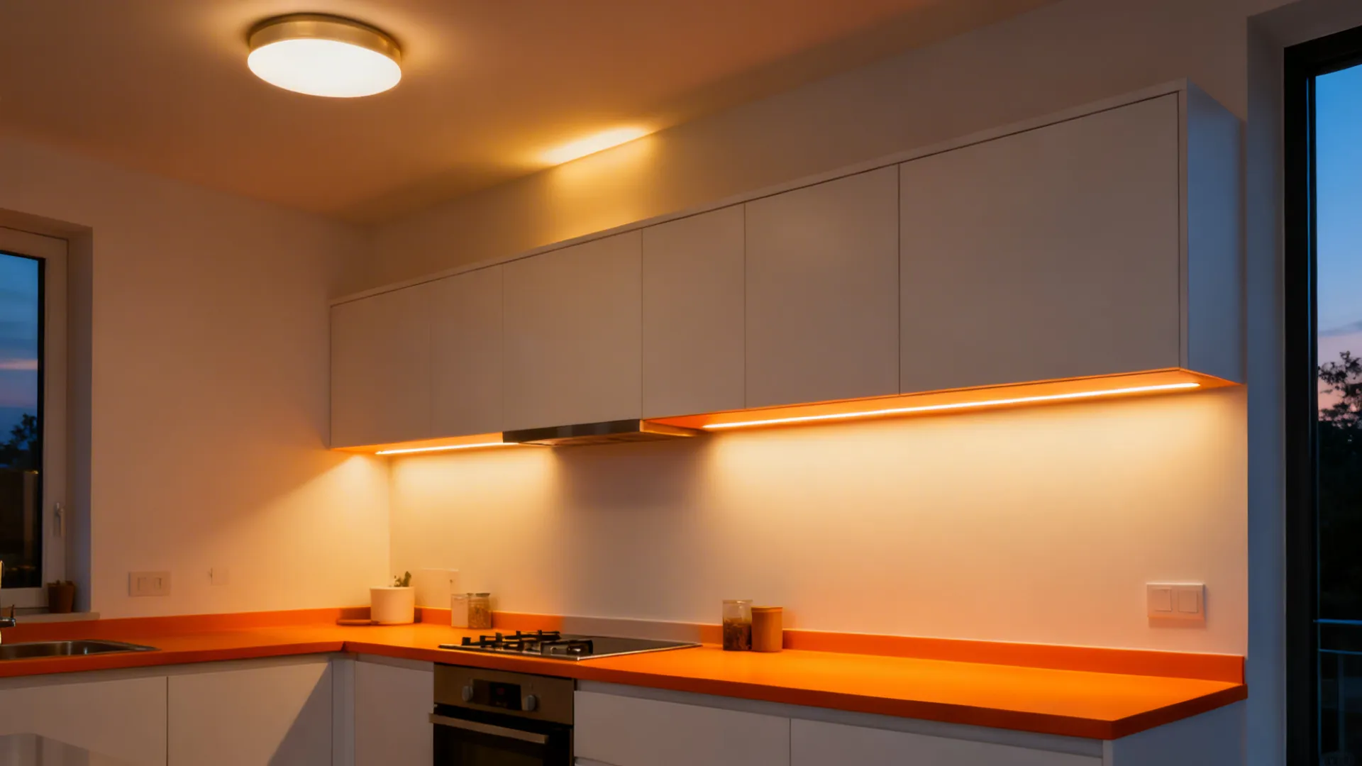 Orange countertops under warm 3000K under-cabinet LEDs with satin walls in a small kitchen.