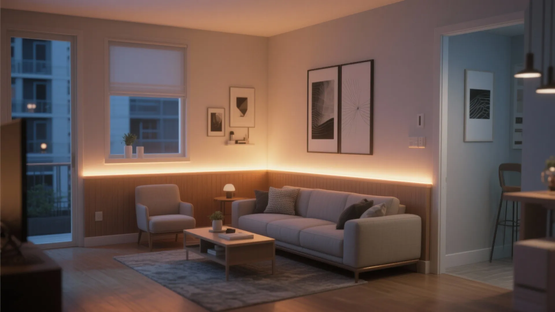 Modern living room with warm LED light strip on wall panel behind grey sofa and chair