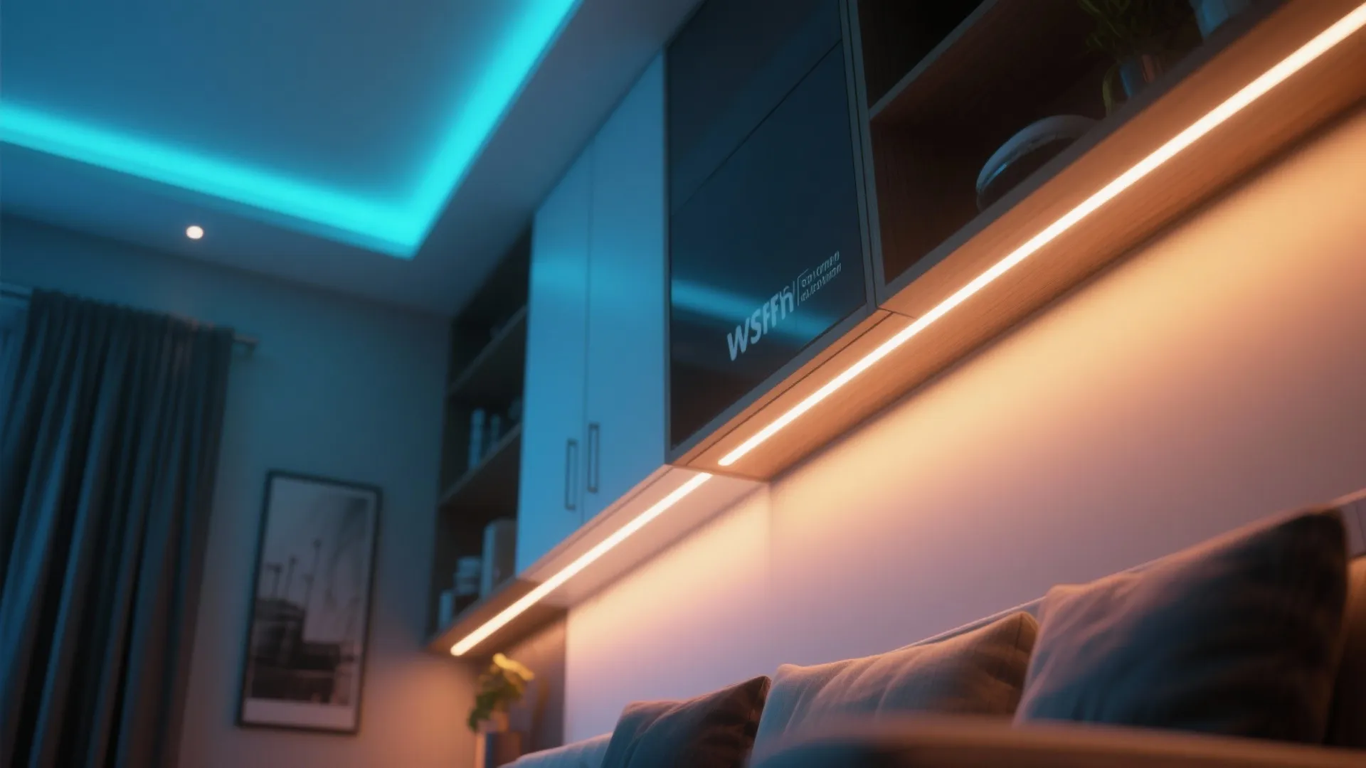 Modern shelf with warm LED light strips under white cabinets and blue neon ceiling lighting