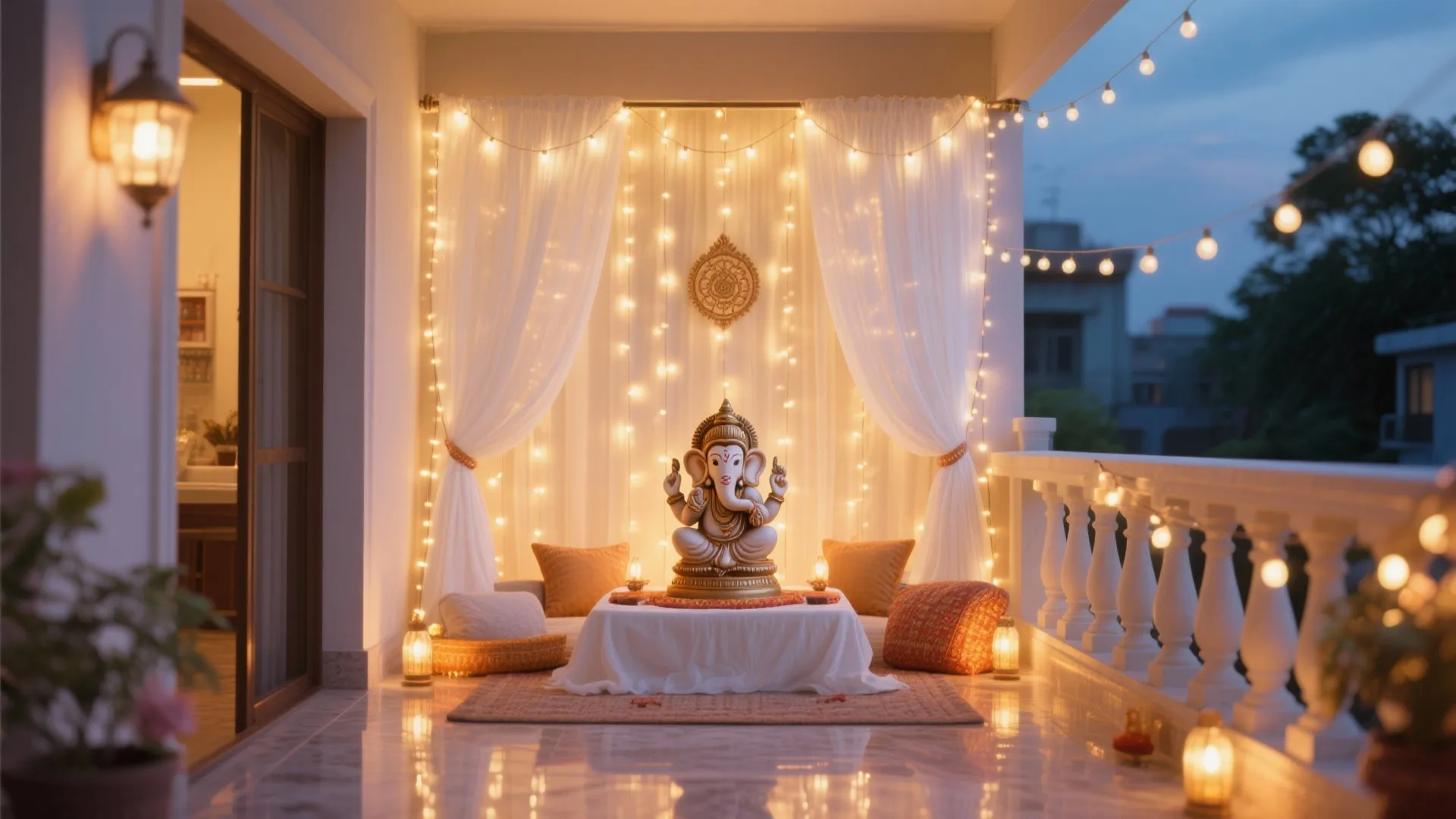 LED fairy lights backdrop for Ganesh idol in a small balcony